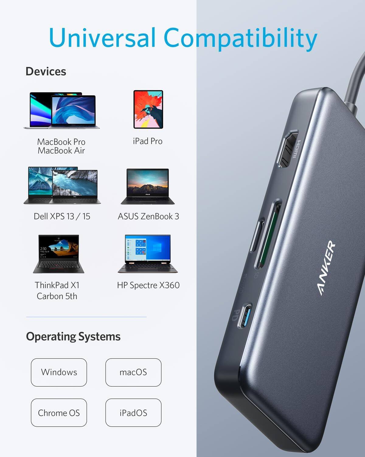 Universal Compatibility

Devices
- MacBook Pro
- MacBook Air
- iPad Pro
- Dell XPS 13 / 15
- ASUS ZenBook 3
- ThinkPad X1 Carbon 5th
- HP Spectre X360

Operating Systems
- Windows
- macOS
- Chrome OS
- iPadOS