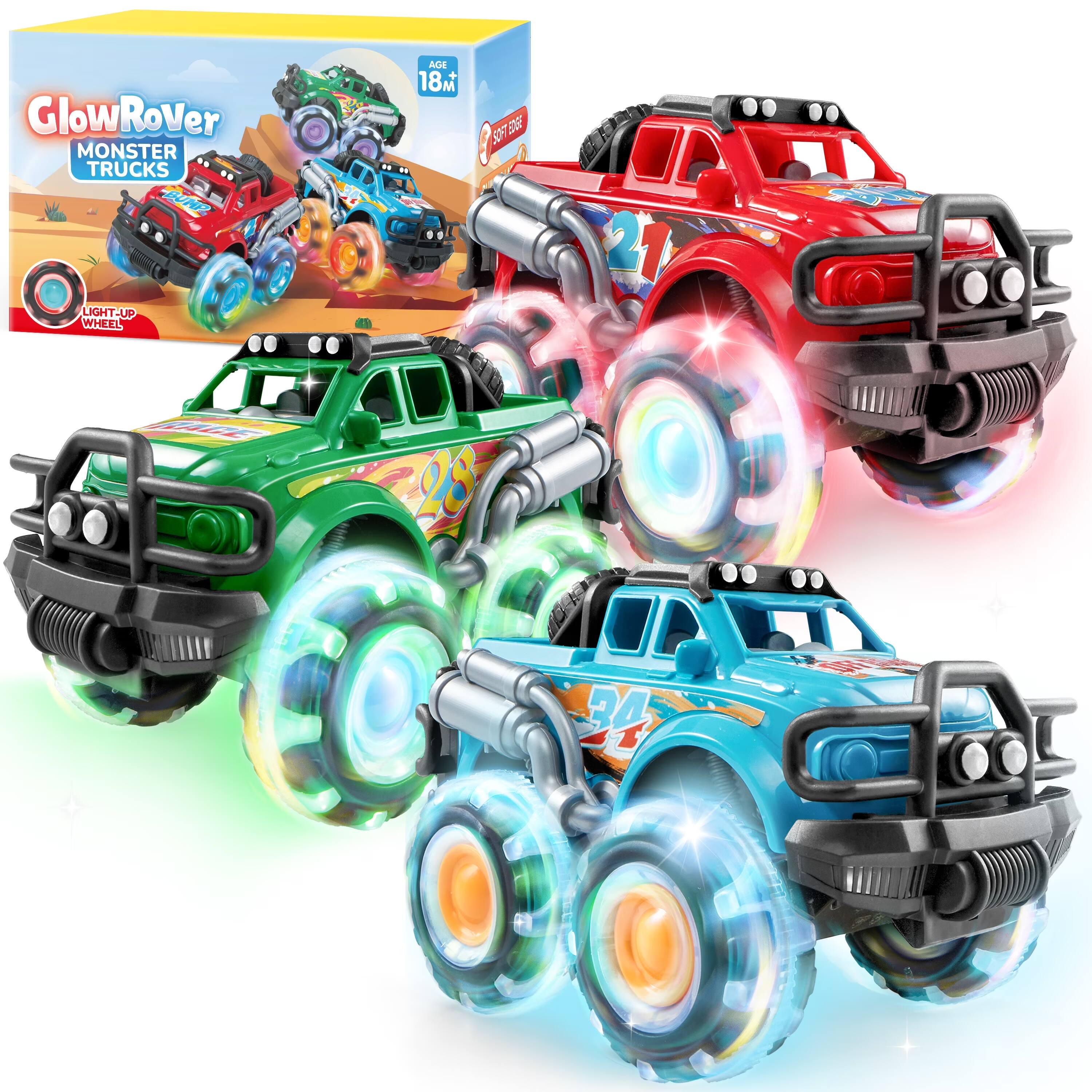 Joyfy - 3PCS Monster Friction-Powered Truck Toy, Light-Up Toy Truck with Flashing LED Wheel, Gift for Toddlers Boys Girls