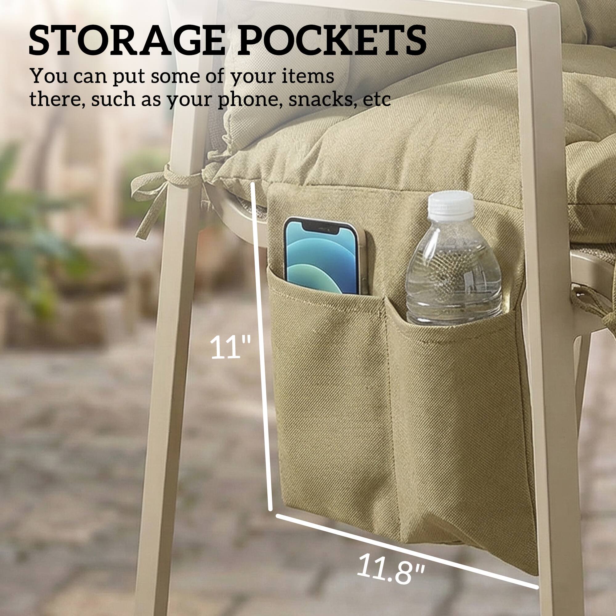 STORAGE POCKETS  
You can put some of your items there, such as your phone, snacks, etc.  
11"  
11.8"