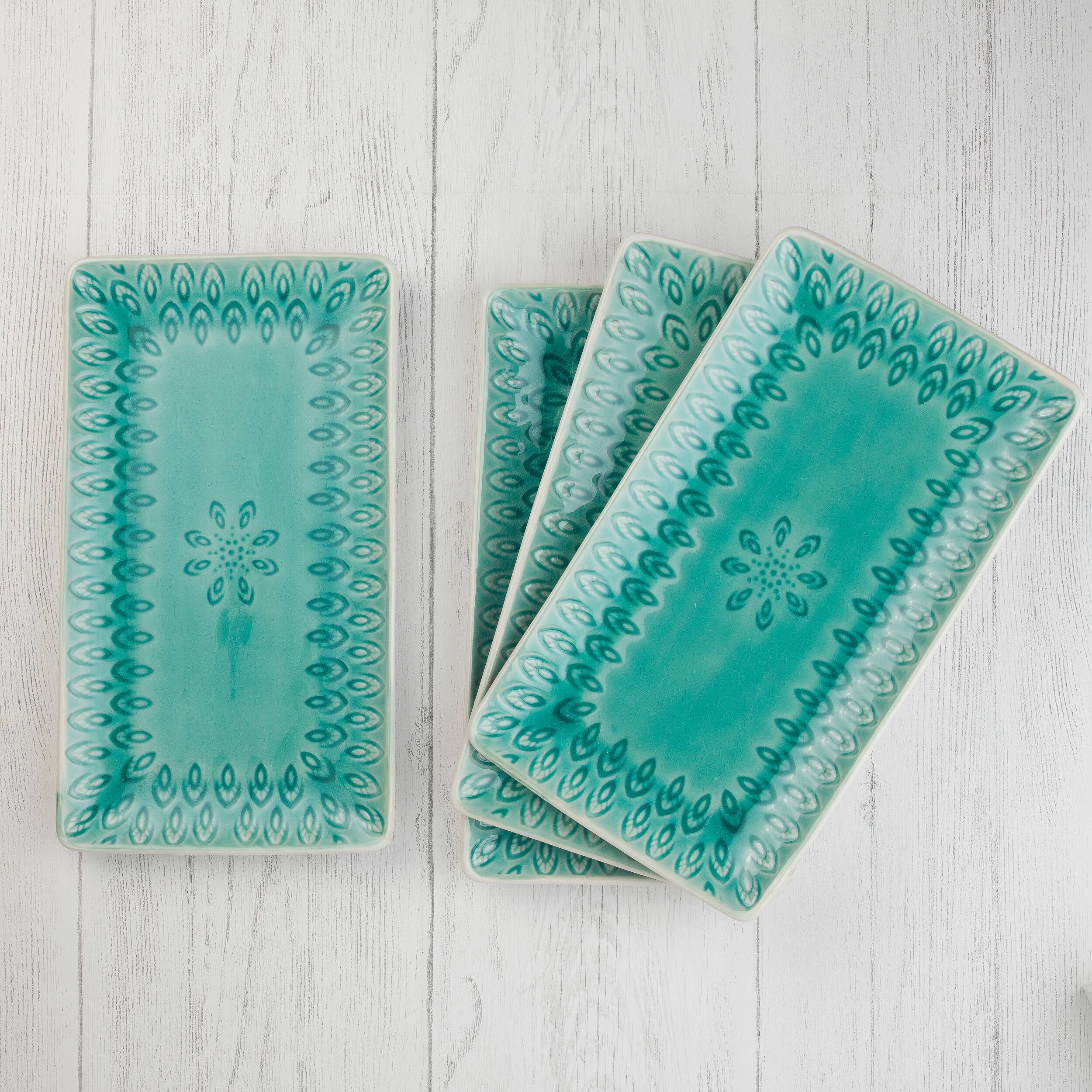 Left. Euro Ceramica Home - Peacock Rectangular Platter -- Lagoon - Lagoon.