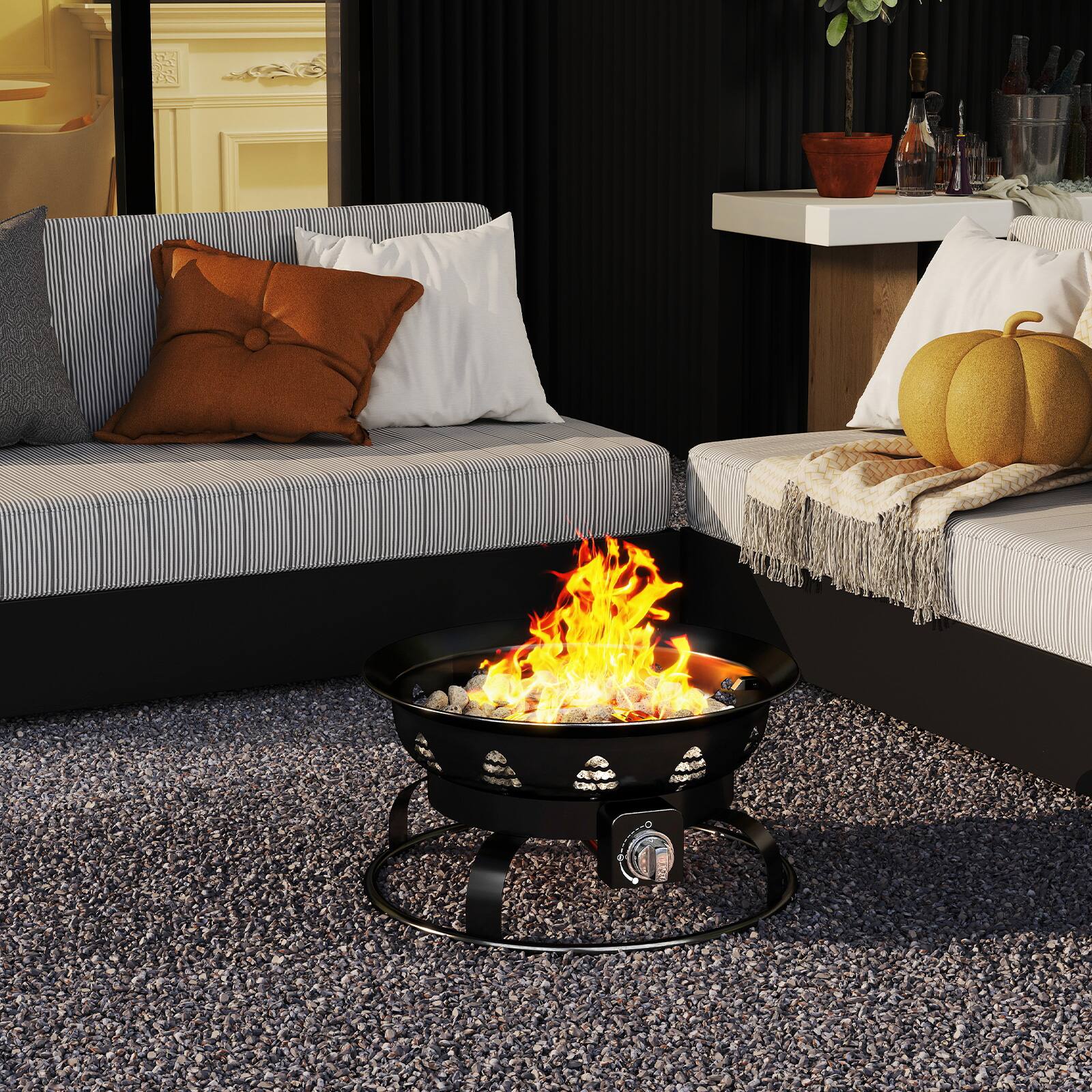 Angle. SKONYON - Portable Propane Fire Pit with High Heat Output Lava Rocks and Tank Base Holder.