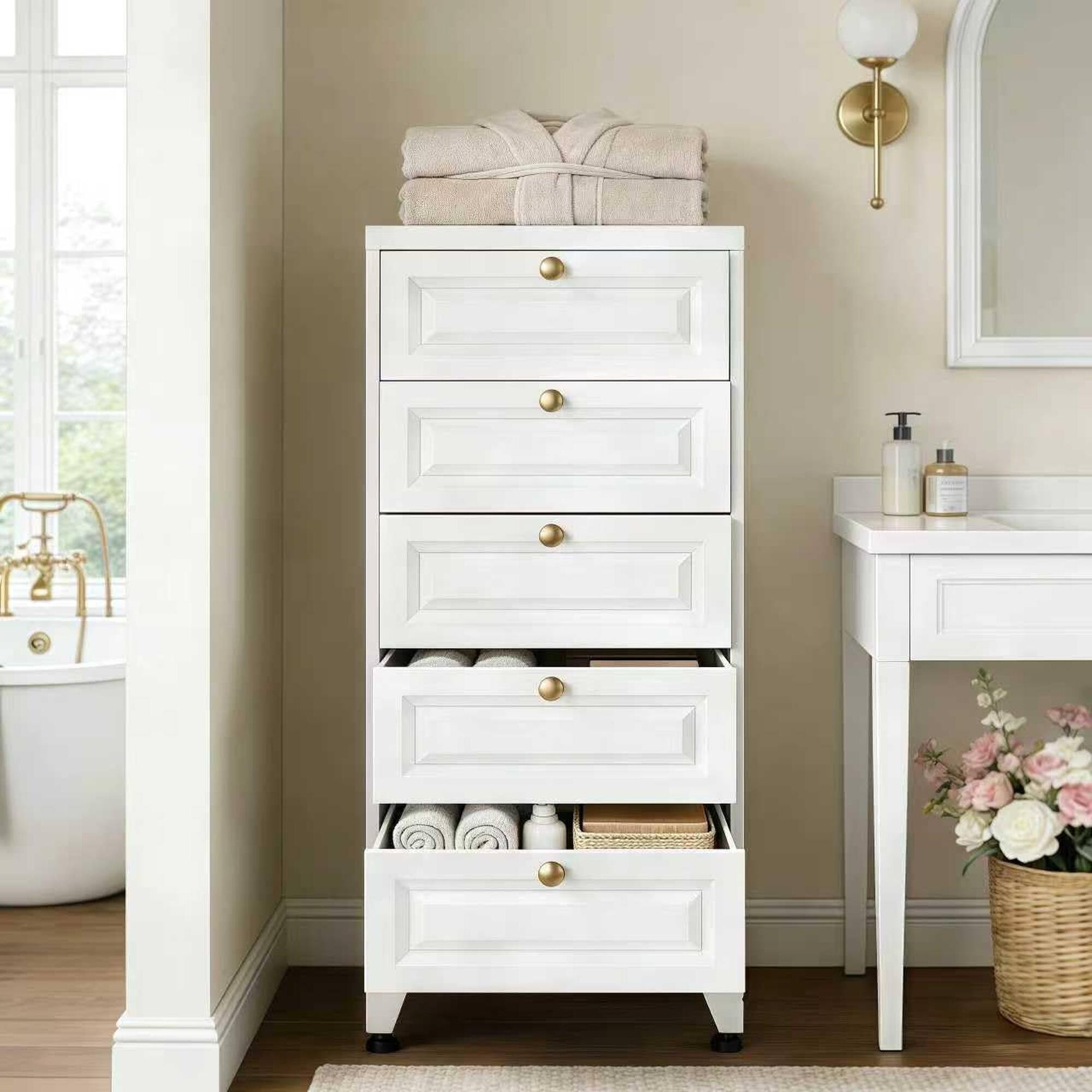 Front. Boyel Living - 39-Inch Metal Bathroom Storage Cabinet with Doors and Shelves - White.
