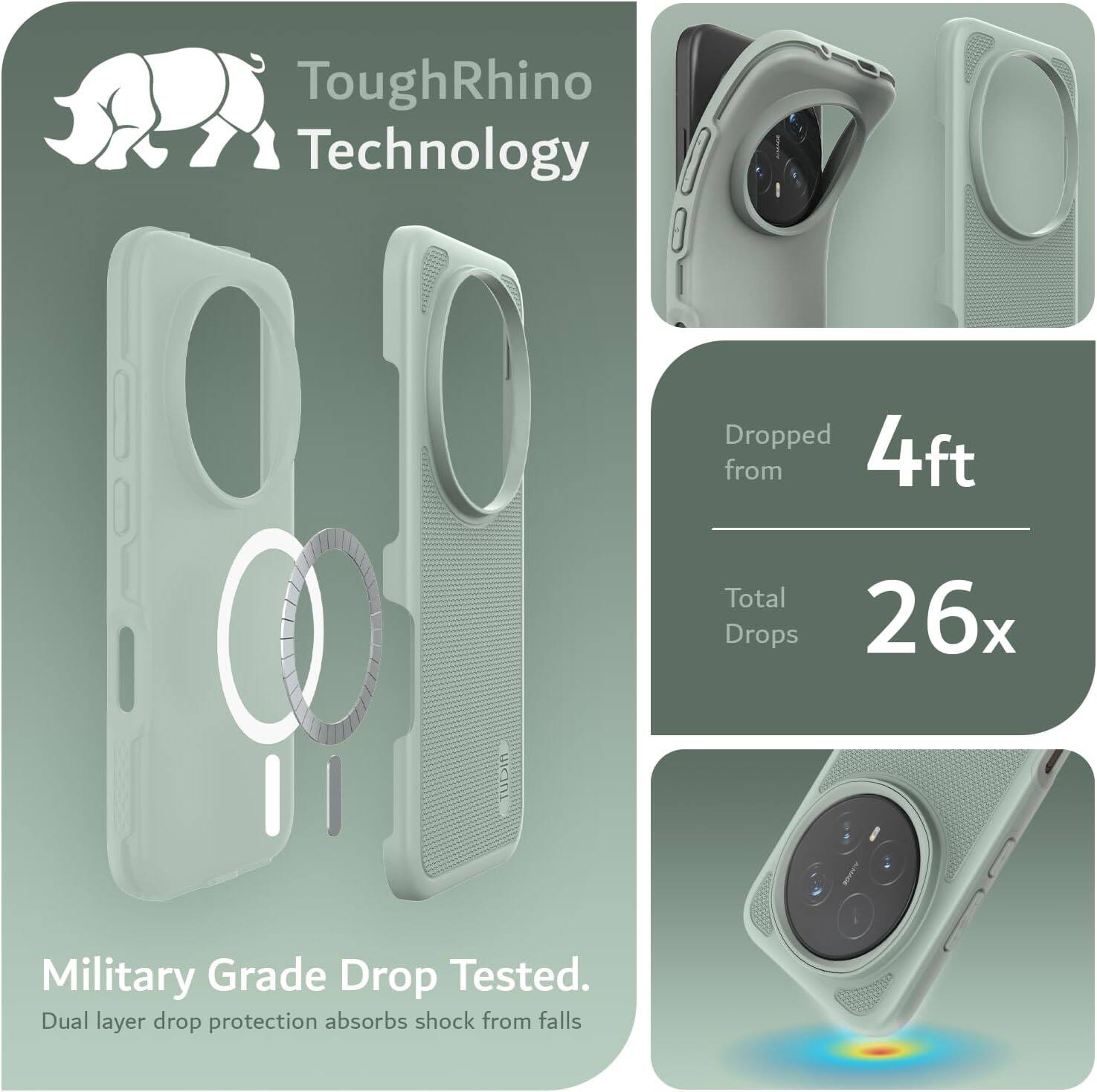 ToughRhino Technology

Dropped from 4ft

Total Drops 26x

Military Grade Drop Tested.

Dual layer drop protection absorbs shock from falls