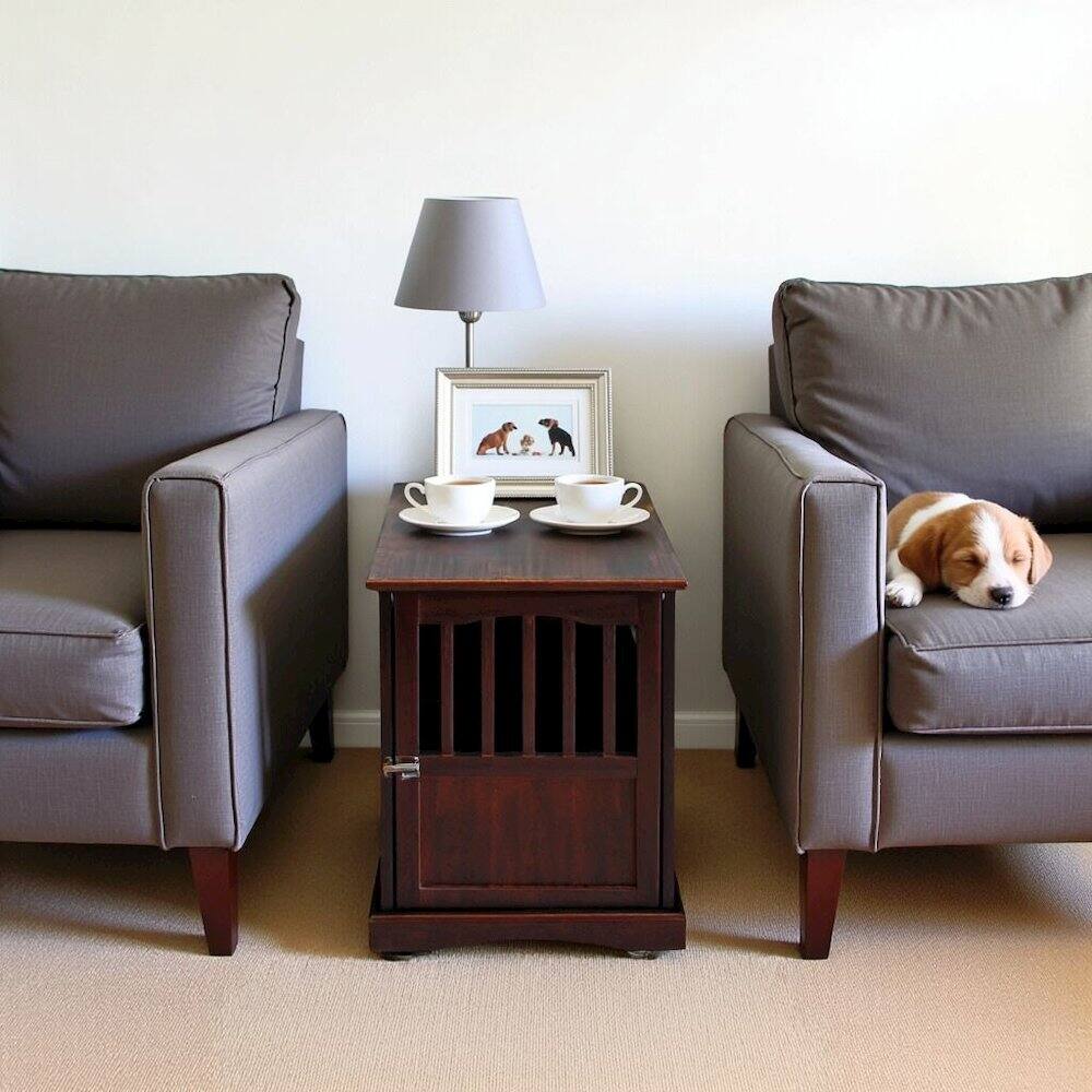 Alt View 2. FurniFact - Brown Dog Kennel Furniture with Gate, Solid Wood Dog Crate End Table - Espresso.