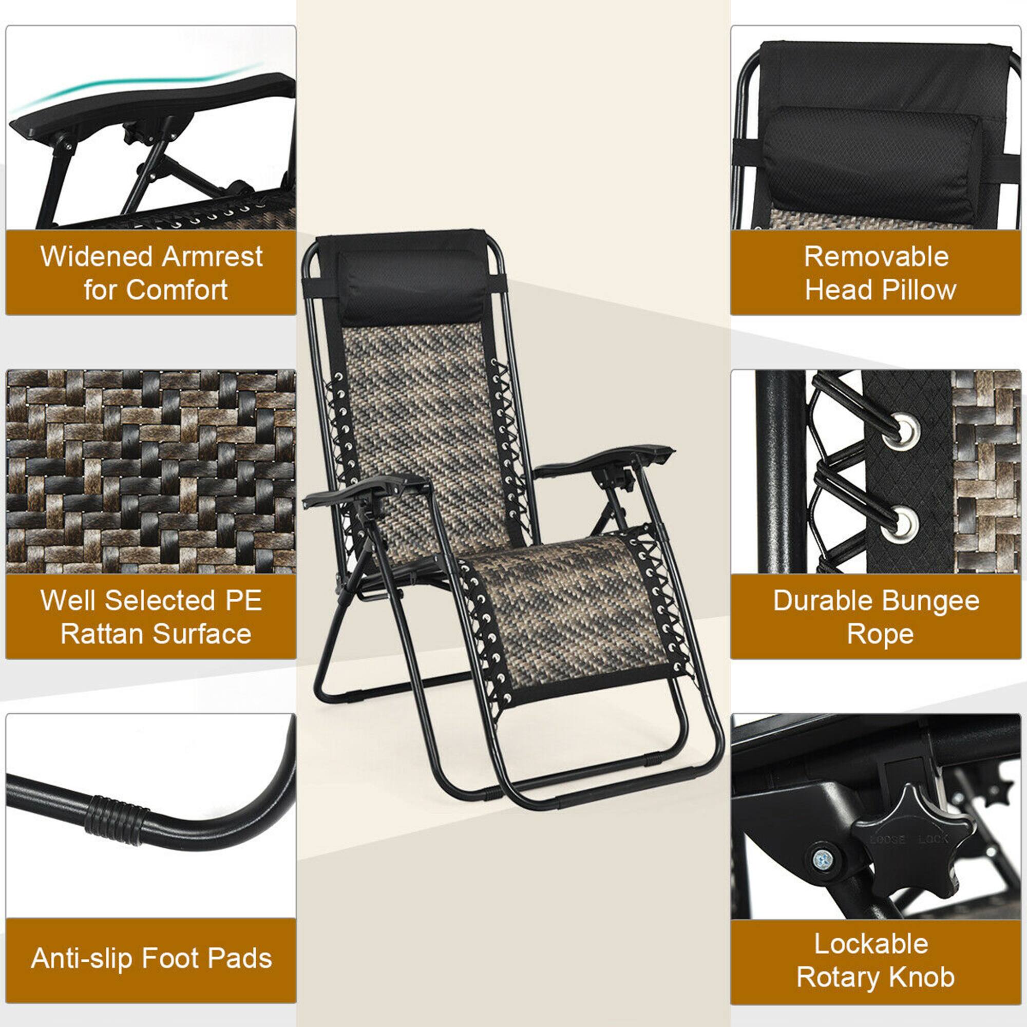 - Widened Armrest for Comfort
- Removable Head Pillow
- Well Selected PE Rattan Surface
- Durable Bungee Rope
- Anti-slip Foot Pads
- Lockable Rotary Knob
