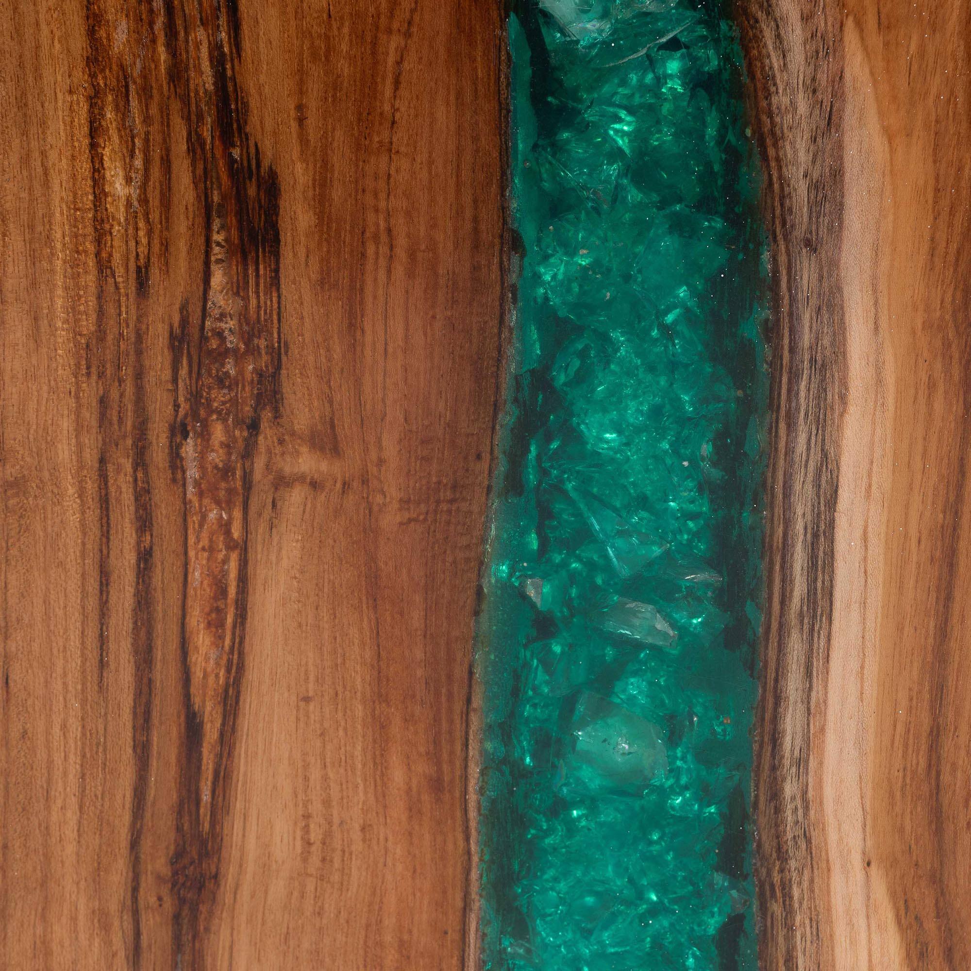 Alt View 2. bali & pari - Anan Teak Wood Epoxy Resin End Table - Live Edge Cube Side Table, Accent Table, Cube - Natural Brown/Green.