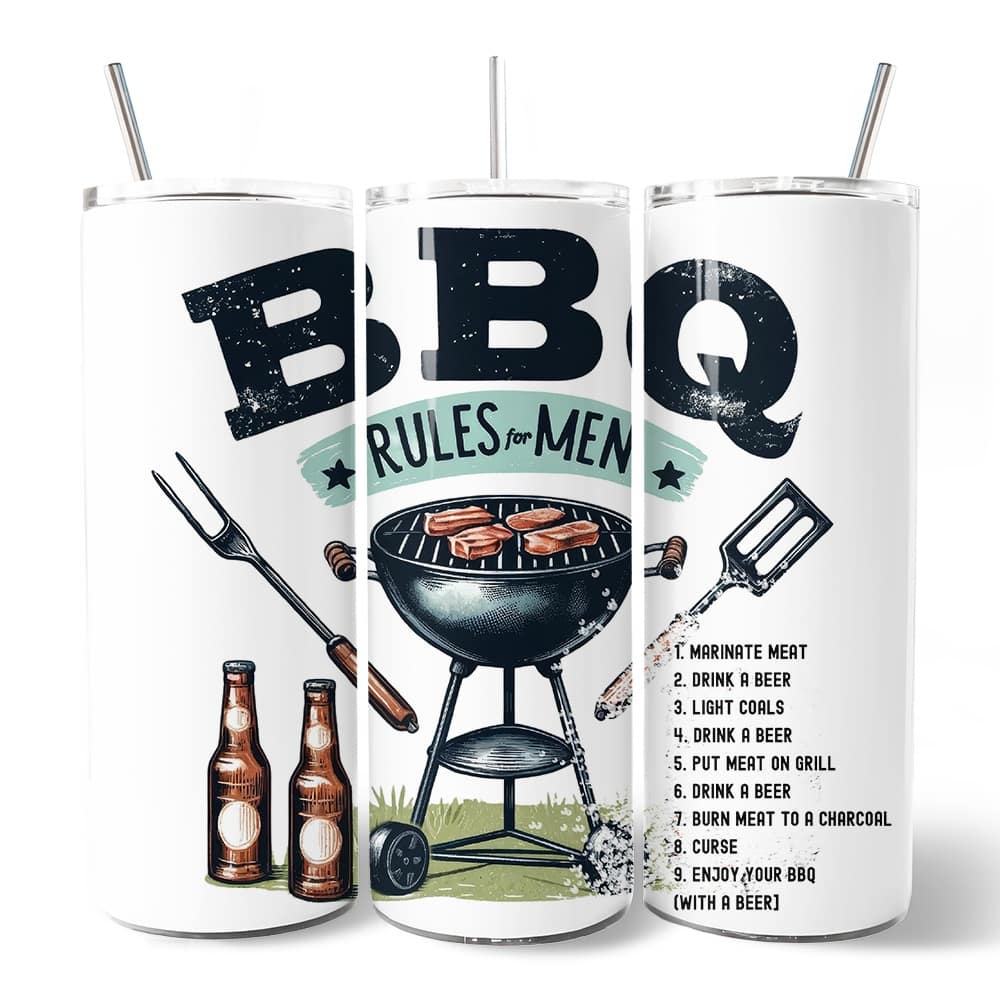 OrnamentallyYou - Funny BBQ Rules For Men 20oz Tumbler With Lid and Stainless Steel Straw - Multicolored