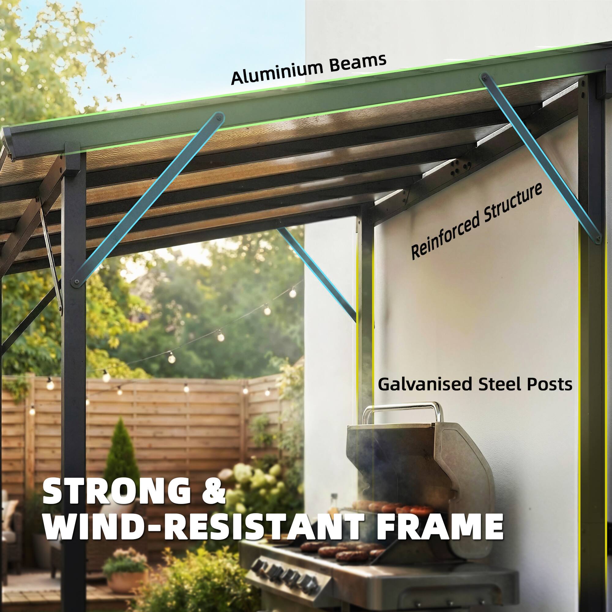 Aluminium Beams  
Reinforced Structure  
Galvanised Steel Posts  

STRONG & WIND-RESISTANT FRAME