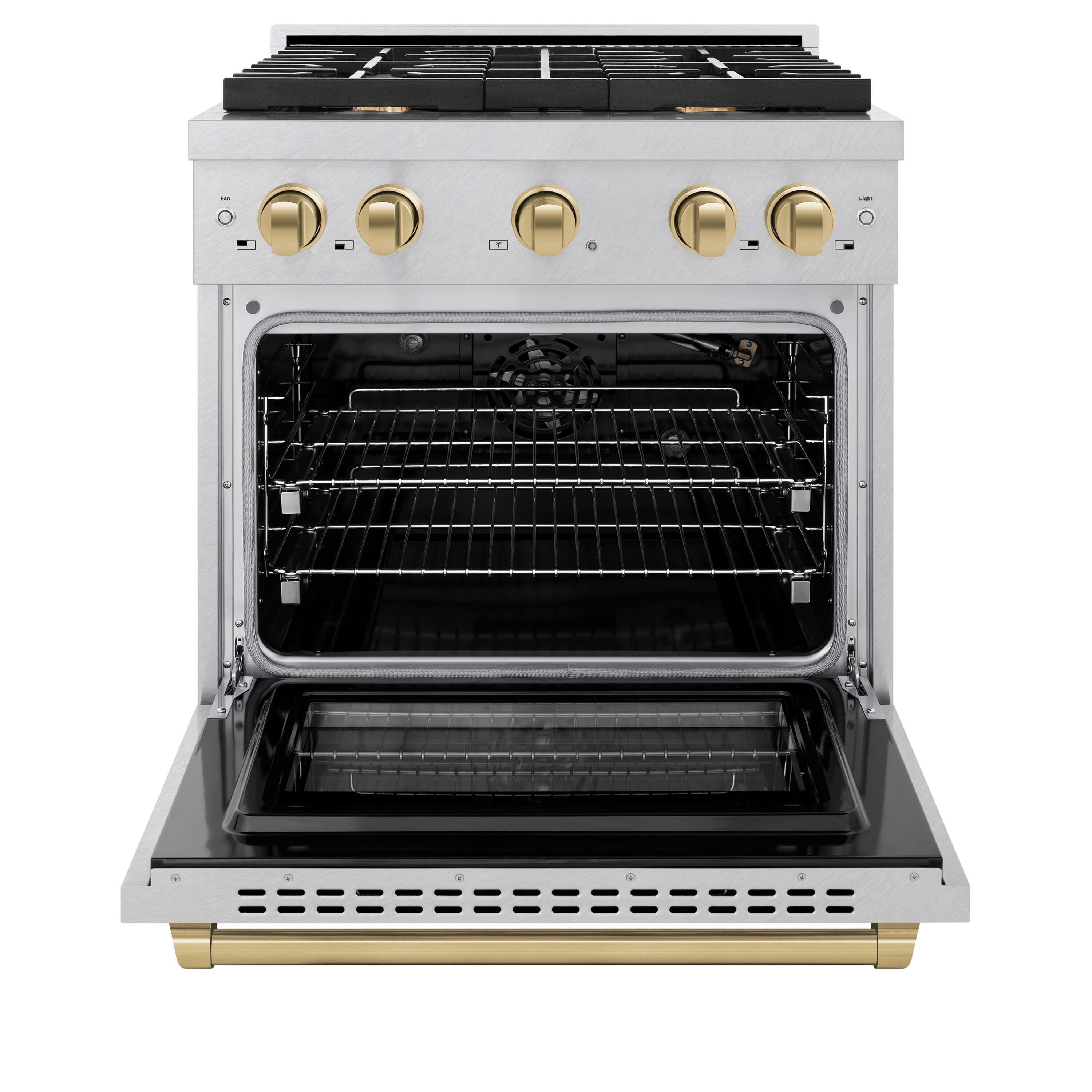 Angle. ZLINE - ZLINE Autograph 30 in. Paramount Satin Steel Gas Range w/ 4 Burners & Bronze Accents (SGRSZ-30-CB) - Stainless Steel.