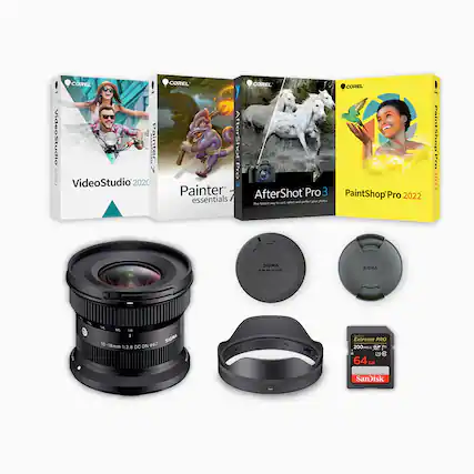 COREL VideoStudio 2020
COREL AfterShot Pro 3
COREL Painter Essentials
COREL PaintShop Pro 2022
SIGMA 10-18mm f/2.8 DC DN 67
SIGMA Lens Cap
SIGMA Lens Hood
SanDisk Extreme PRO 64GB