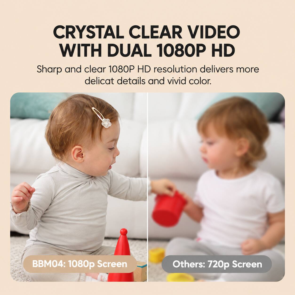 CRYSTAL CLEAR VIDEO WITH DUAL 1080P HD  
Sharp and clear 1080P HD resolution delivers more delicate details and vivid color.  

BBM04: 1080p Screen  
Others: 720p Screen