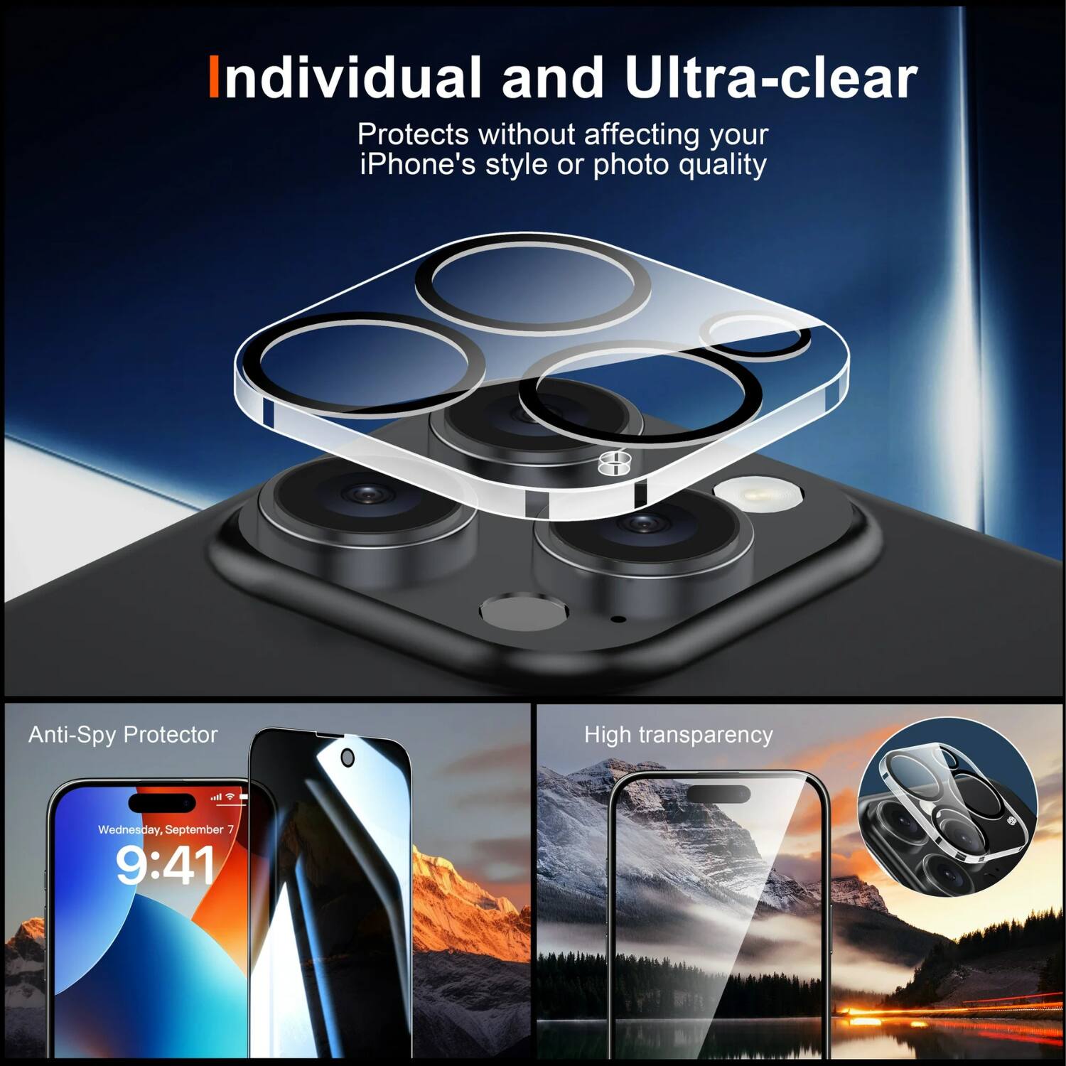 Individual and Ultra-clear  
Protects without affecting your iPhone's style or photo quality  

Anti-Spy Protector  

High transparency  

Wednesday, September 7  
9:41