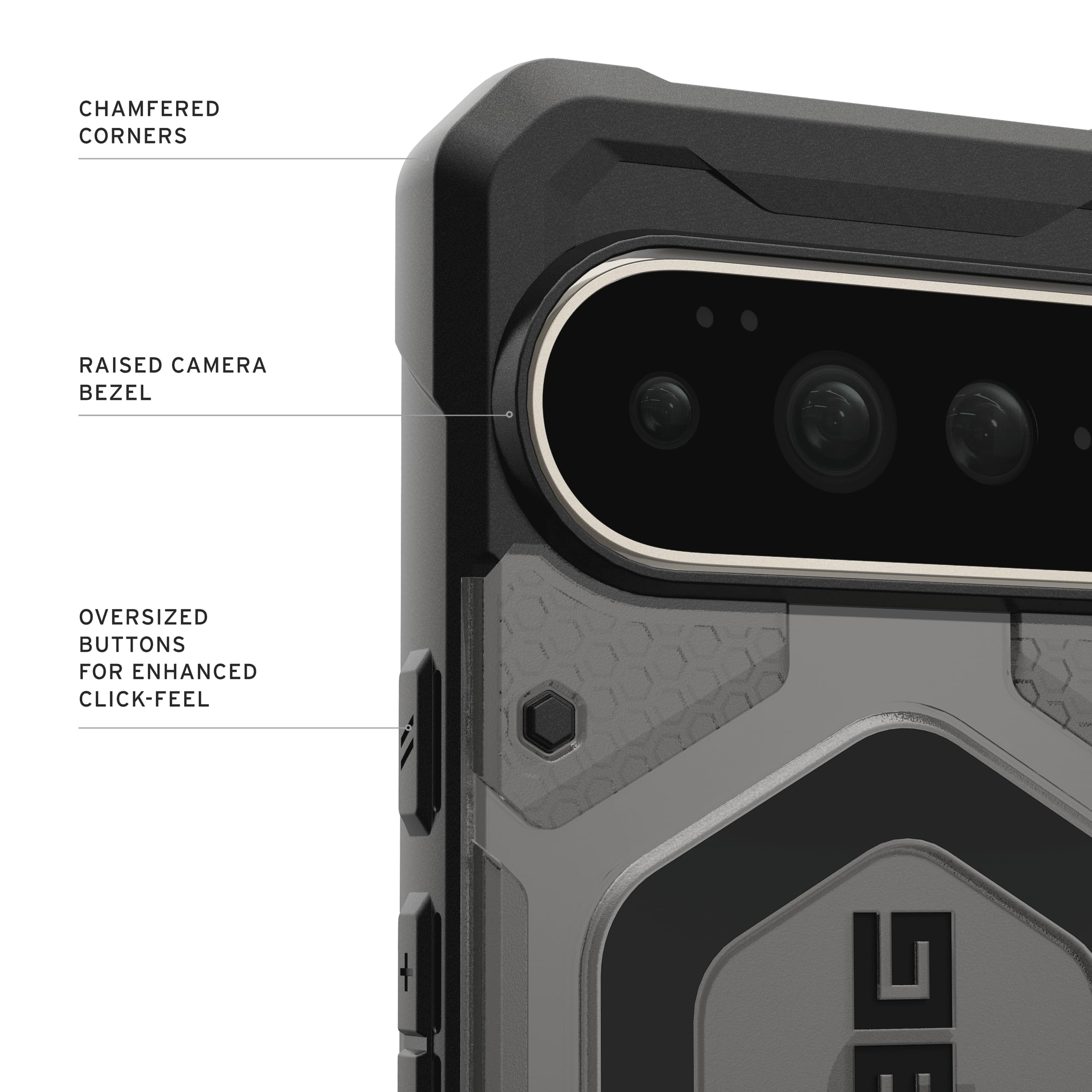 CHAMFERED CORNERS  
RAISED CAMERA BEZEL  
OVERSIZED BUTTONS FOR ENHANCED CLICK-FEEL