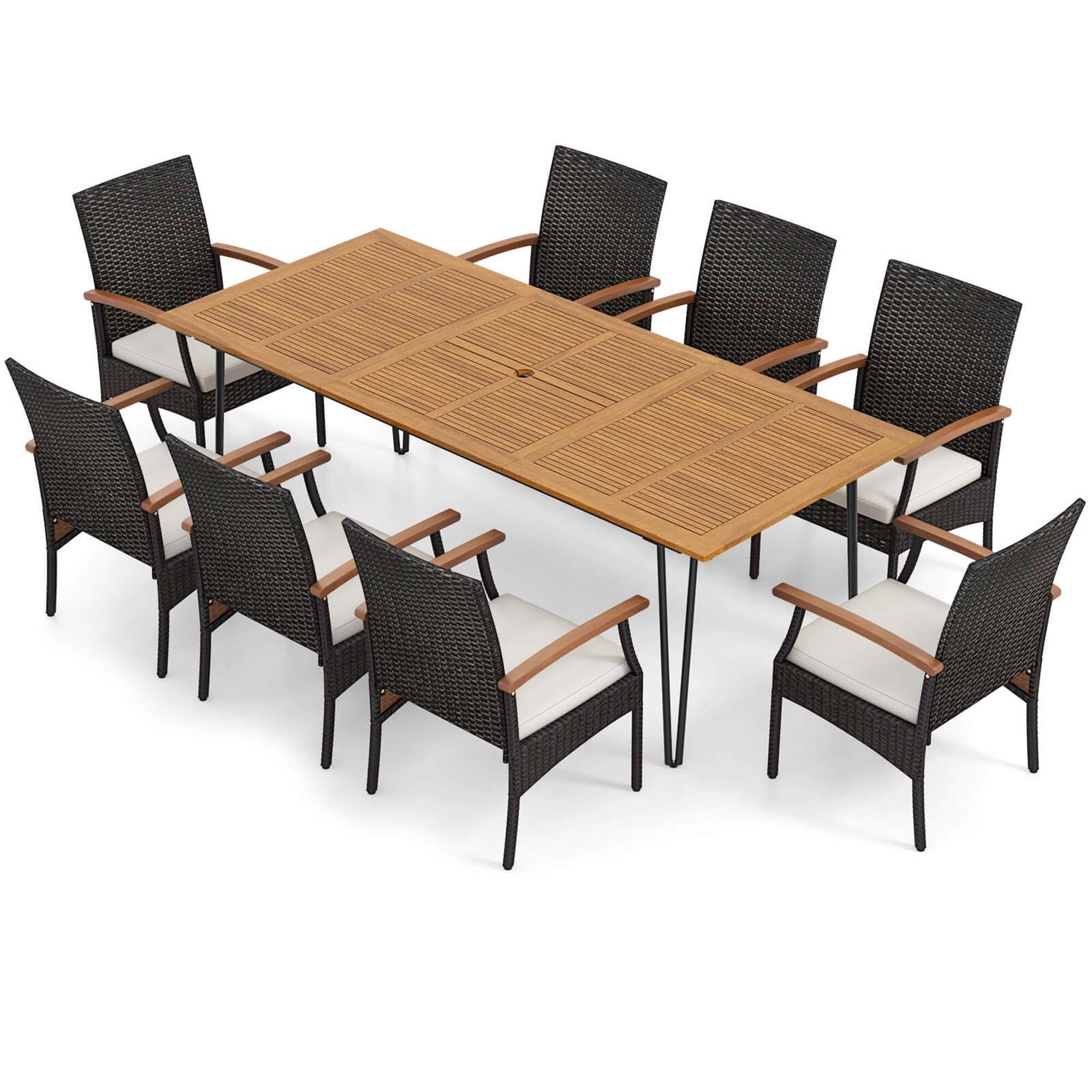 Alt View 6. Costway - 9 PCS Outdoor Patio Dining Set Armchairs Set of 8 and Acacia Wood Square Table - Mix Brown,Off White.