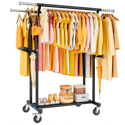 Front. Hirose Alice - Heavy Duty Clothes Rack: Rolling Clothing Rack for Hanging Coat Double Rods Wardrobe Garment Racks with - Black.