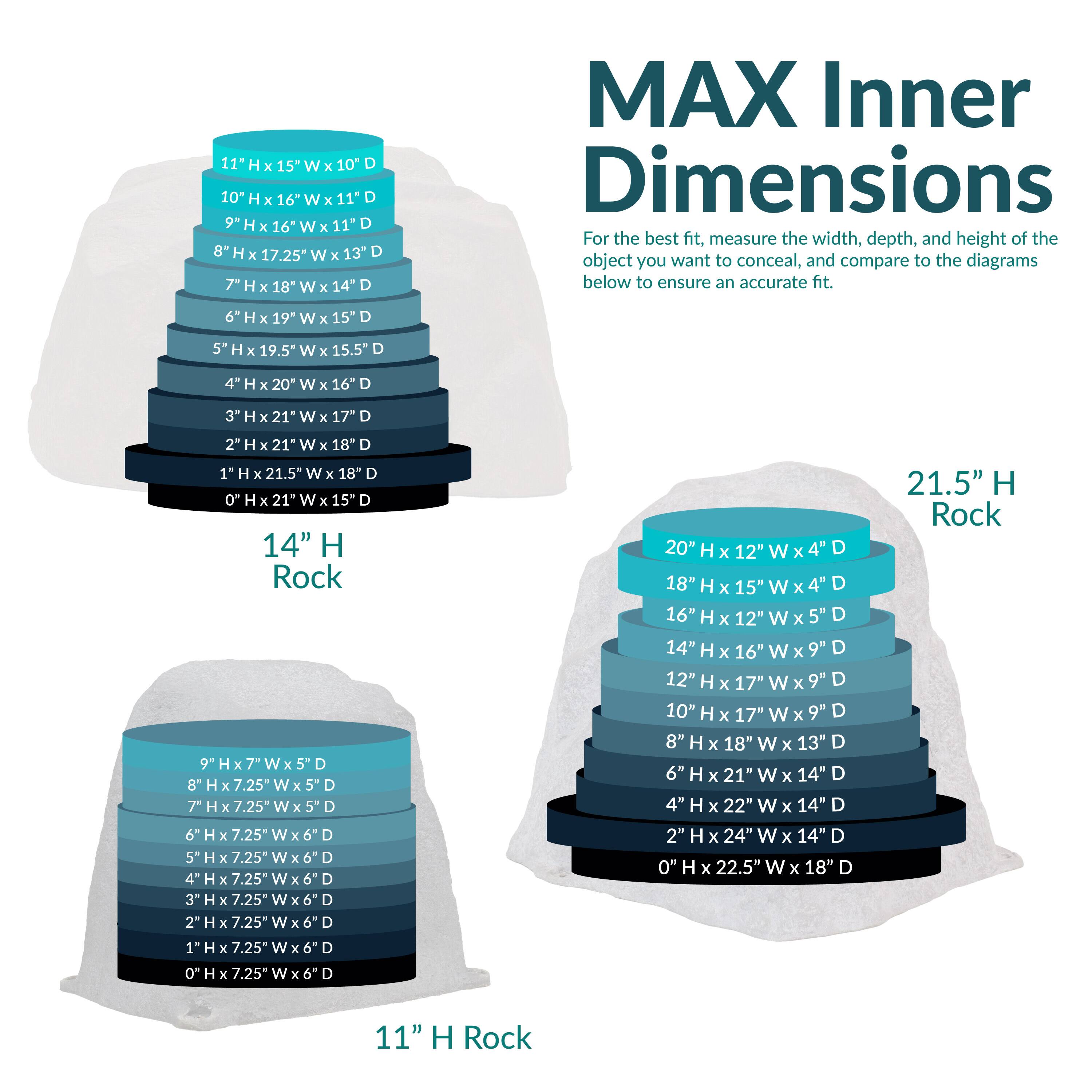 MAX Inner Dimensions

For the best fit, measure the width, depth, and height of the object you want to conceal, and compare to the diagrams below to ensure an accurate fit.

**11" H Rock**
- 11" H x 15" W x 10" D
- 10" H x 16" W x 11" D
- 9" H x 16" W x 11" D
- 8" H x 17.25" W x 13" D
- 7" H x 18" W x 14" D
- 6" H x 19" W x 15" D
- 5" H x 19.5" W x 15.5" D
- 4" H x 20" W x 16" D
- 3" H x 21" W x 17" D
- 2" H x 21" W x 18" D
- 1" H x 21.5" W x 18" D
- 0