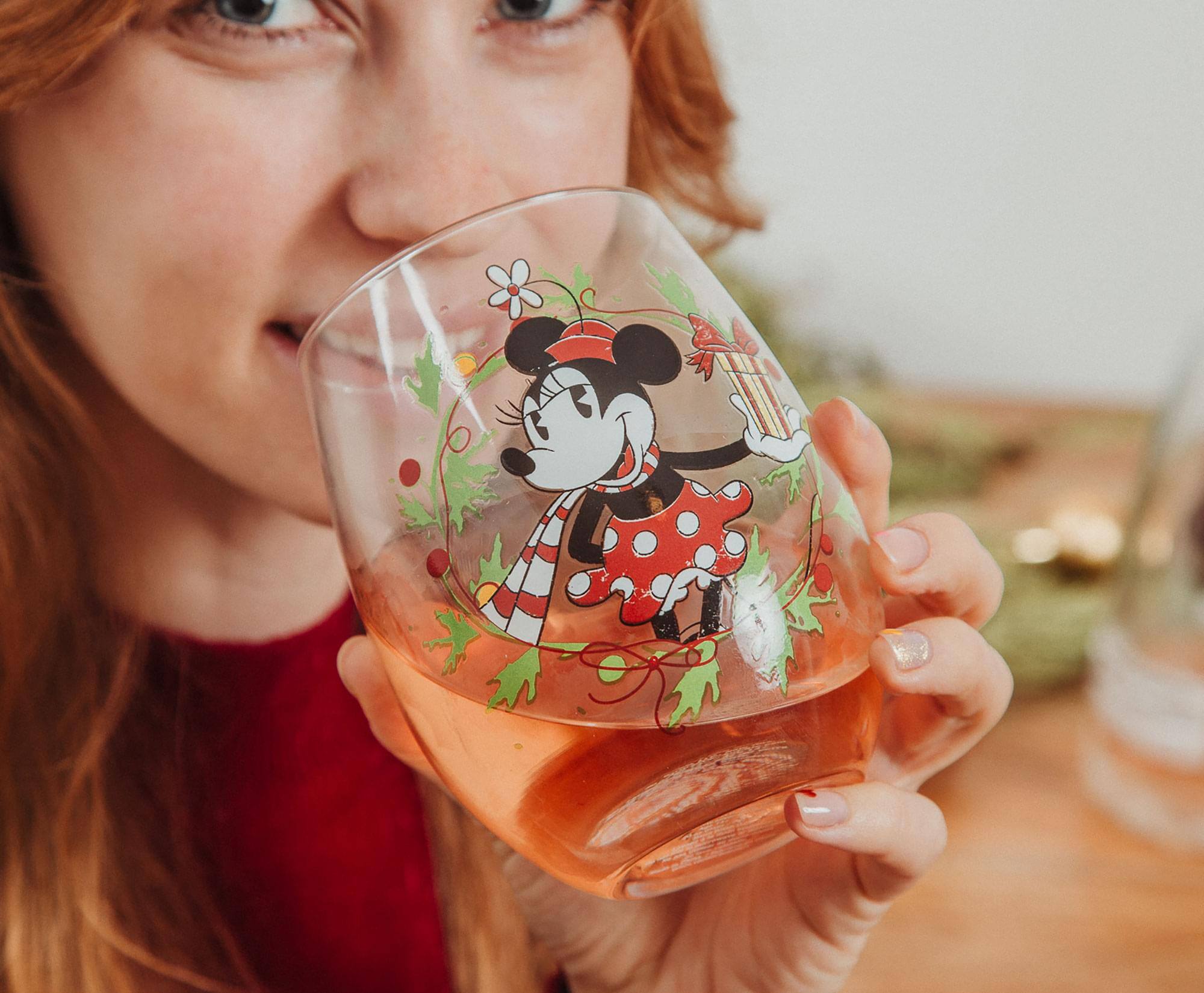 Alt View 3. Disney - Disney Minnie Mouse Christmas Wreath Stemless Wine Glass | Holds 20 Ounces - Red.