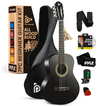 COLORS KIT PYLE GUITARS ALL WOOD BUILD 7PC BEGINNER GUITAR 1/4 SCALE Extra String Set E, A, D, G, B, E.