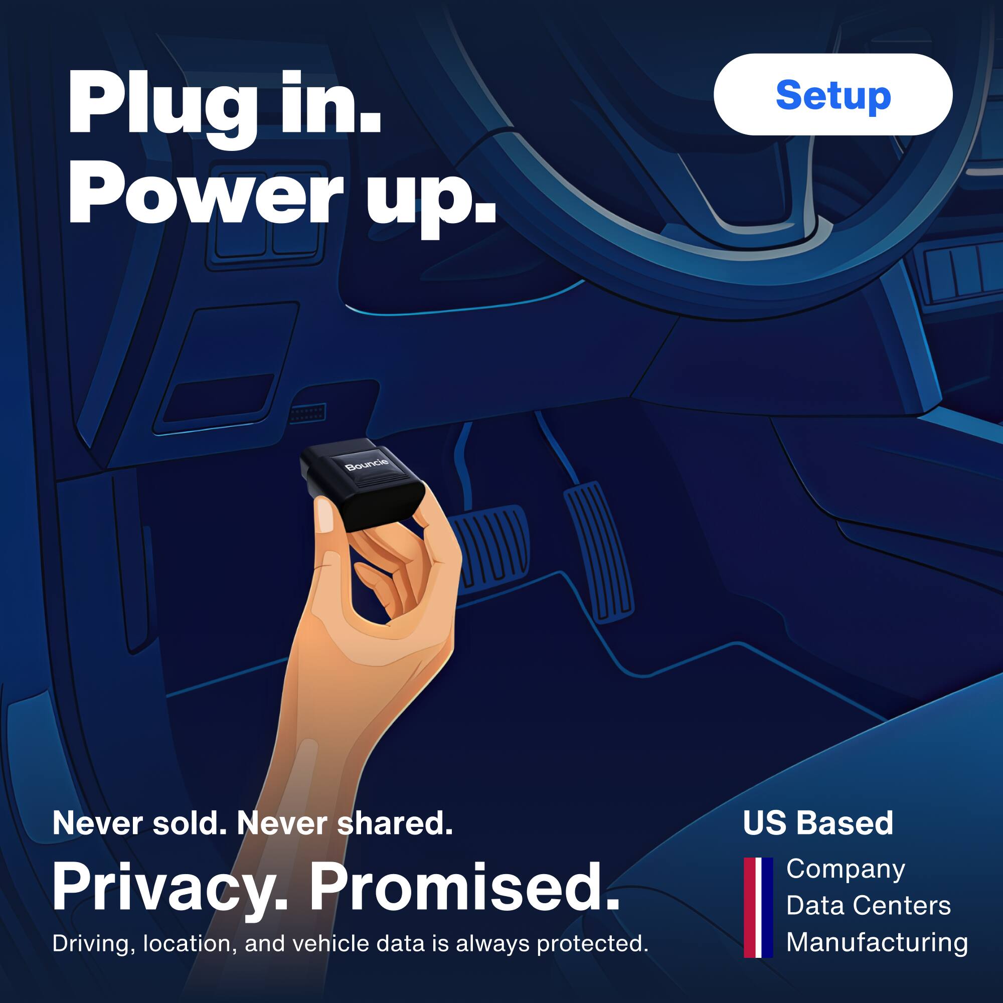 Plug in.  
Power up.  
Setup  

Never sold. Never shared.  
Privacy. Promised.  
Driving, location, and vehicle data is always protected.  

US Based  
Company  
Data Centers  
Manufacturing