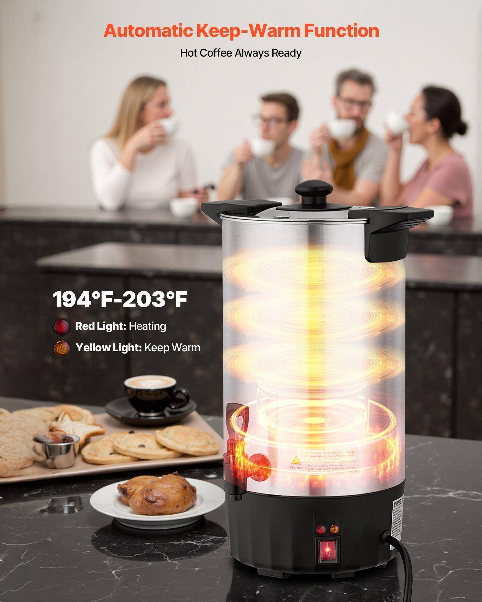 Automatic Keep-Warm Function  
Hot Coffee Always Ready  

194°F-203°F  

Red Light: Heating  
Yellow Light: Keep Warm