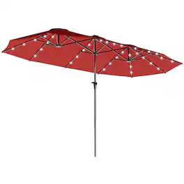 Outsunny - Double-Sided Market Umbrella, Large Patio Umbrella with Solar Lights, Crank Handle for Garden, Pool, Yard - Wine Red