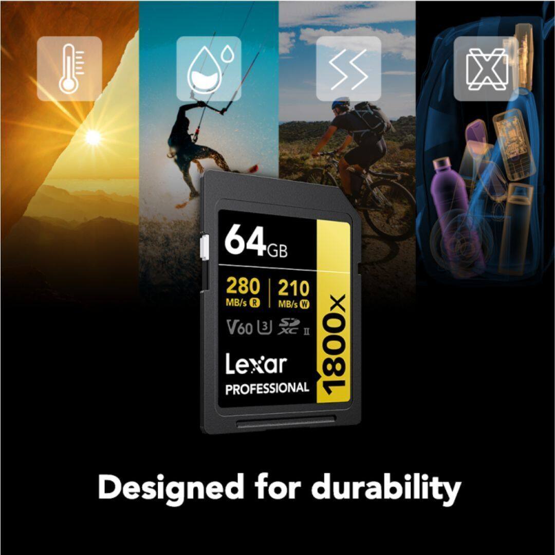 64GB  
280 MB/s R  
210 MB/s W  
V60 XC II PROFESSIONAL  
Lexar  
1800x  
Designed for durability