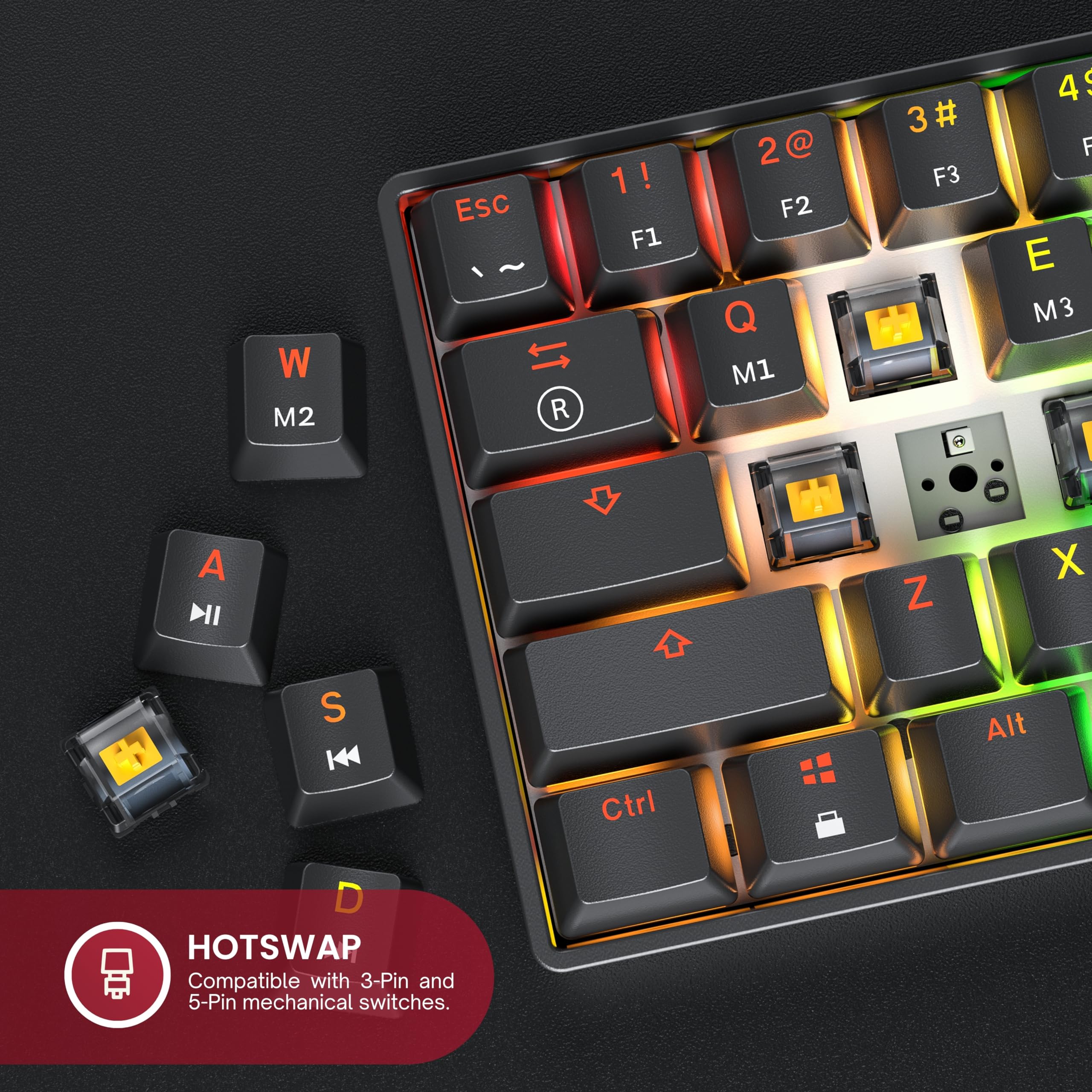 W M2 Esc R 1! F1 2@ F2 Q M1 3# F3 4 E M3 A S D Z X C V B N M Ctrl Alt HOTSWAP Compatible with 3-Pin and 5-Pin mechanical switches.