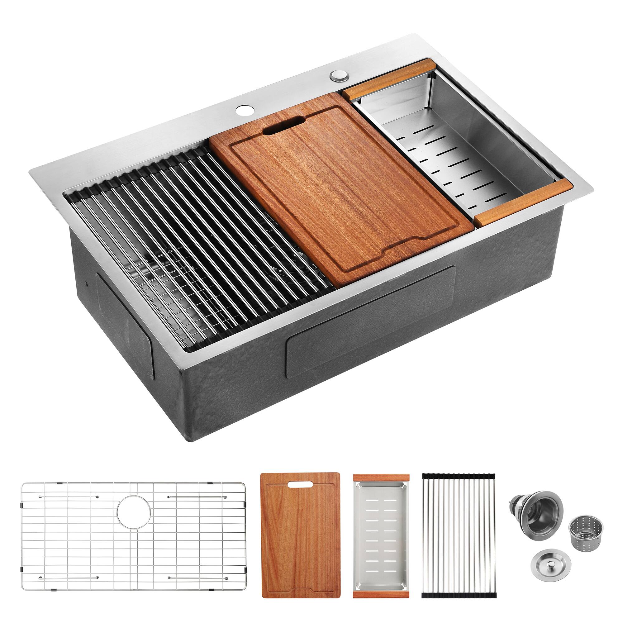 Alt View 6. ELEMENT ACE - 33" Drop-in Single Bowl Stainless Steel Kitchen Sink with Workstation - Brushed Nickel.