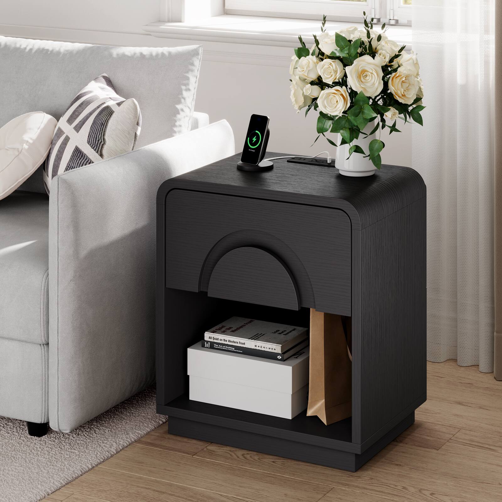 Back. Bestier - Nightstand with Charging Station & Open Shelf, Modern Bedside Table End Table for Bedroom Living Room - Set of 2-Black Grained.