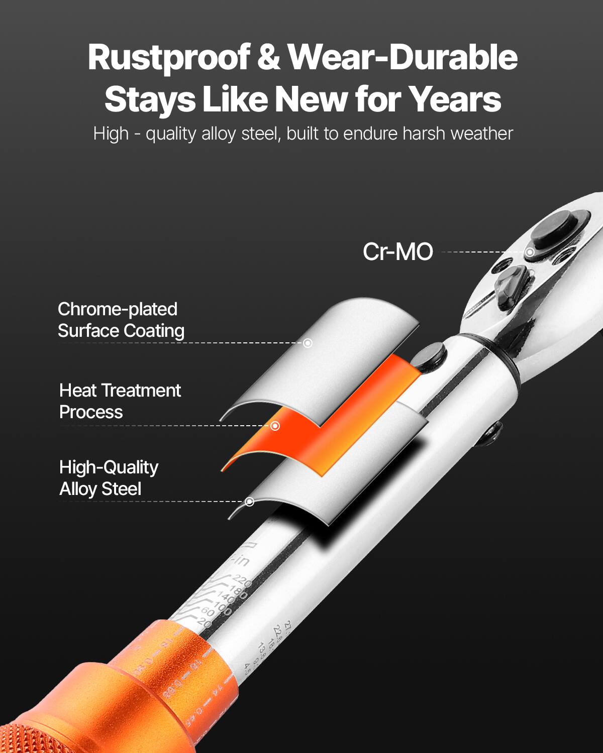 Rustproof & Wear-Durable  
Stays Like New for Years  

High-quality alloy steel, built to endure harsh weather  

Cr-MO  

Chrome-plated Surface Coating  

Heat Treatment Process  

High-Quality Alloy Steel