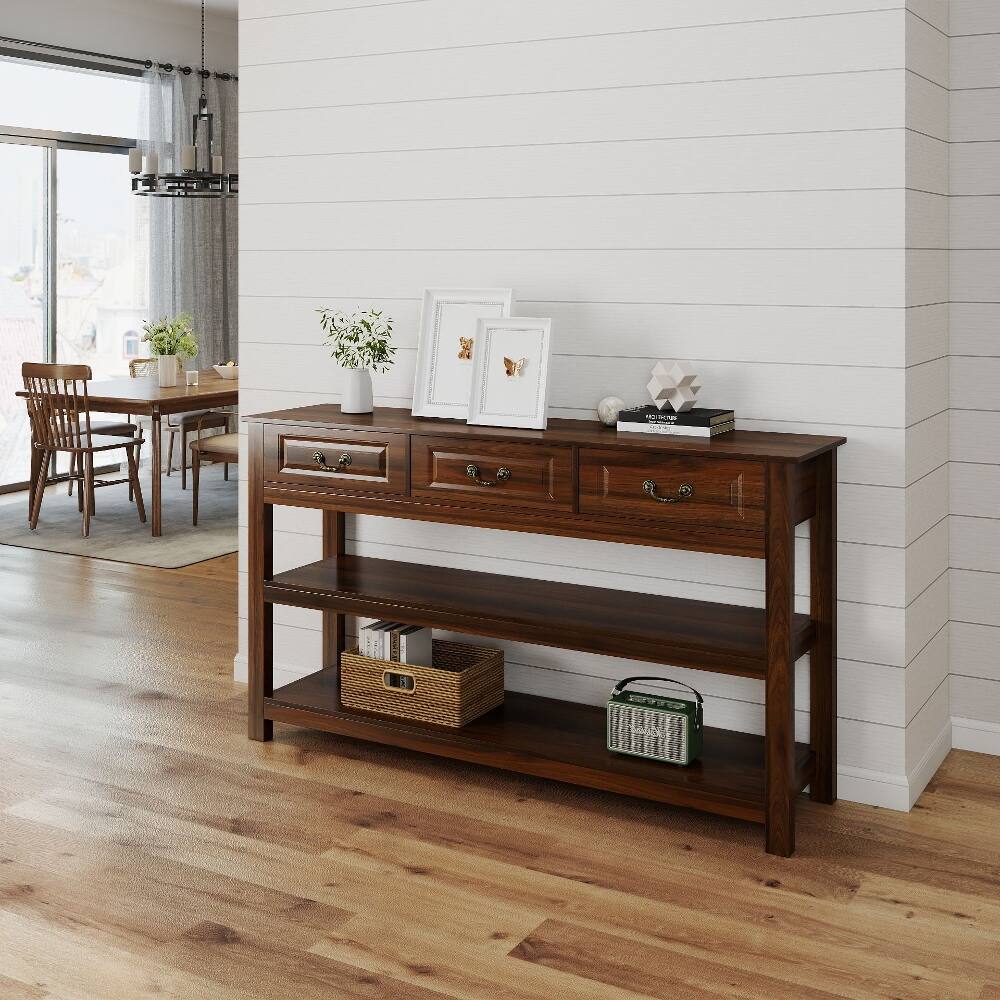 Back. Loheer - Loheer 63 Inch Wood Console Table with 3 Drawers, Rustic Sofa Table with Storage Shelves for Entryway, Walnut - Walnut.