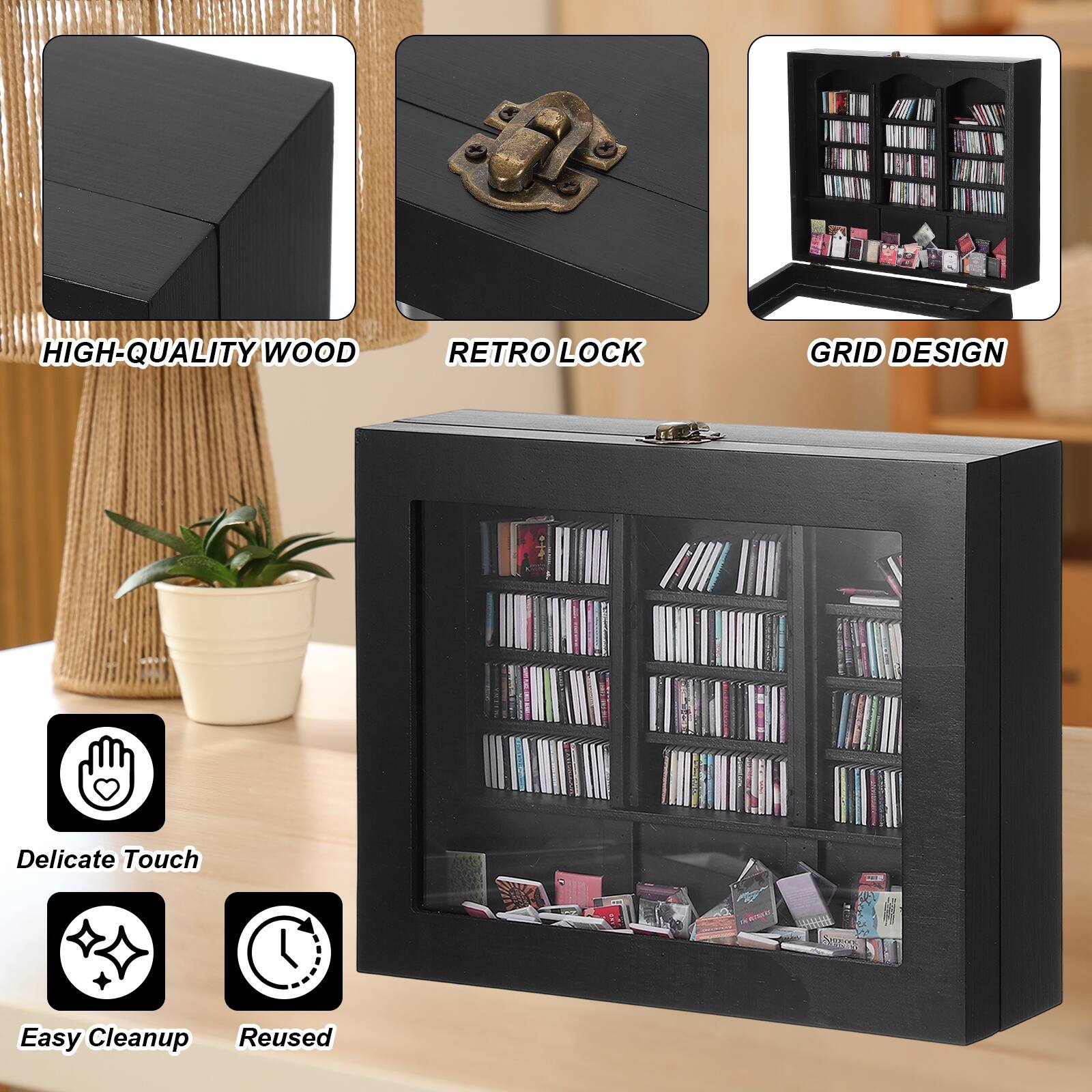 HIGH-QUALITY WOOD  
RETRO LOCK  
GRID DESIGN  

Delicate Touch  
Easy Cleanup  
Reusable