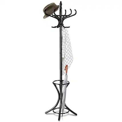 Front. Gymax - Gymax Wood Standing Hat Coat Rack Jacket Bag Hanger Tree 12 Hooks Black w/ Umbrella Stand - Black.