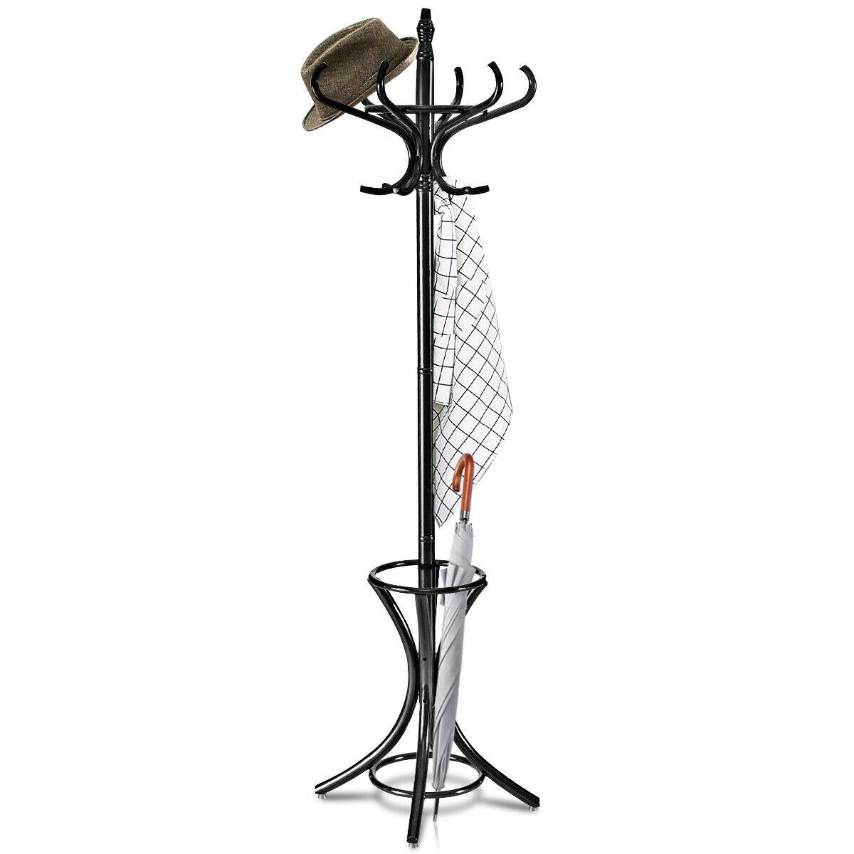 Front. Gymax - Gymax Wood Standing Hat Coat Rack Jacket Bag Hanger Tree 12 Hooks Black w/ Umbrella Stand - Black.