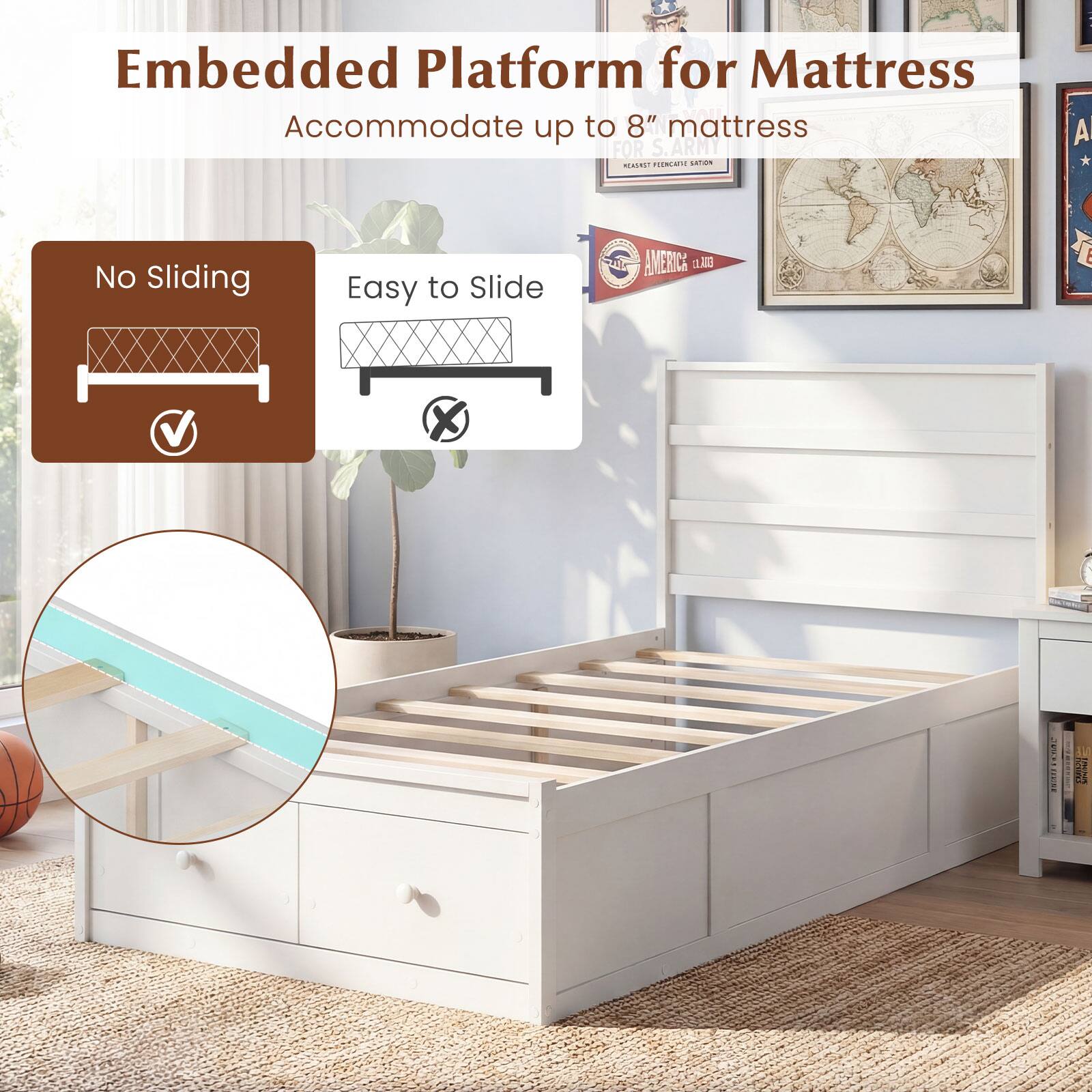Embedded Platform for Mattress  
Accommodate up to 8" mattress  

No Sliding  
Easy to Slide  

AMERICA
