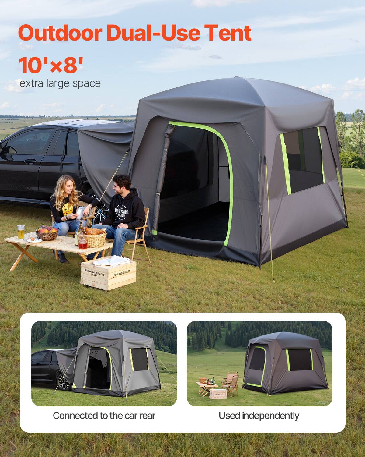 Outdoor Dual-Use Tent 10'x8' extra large space

A. Connected to the car rear
B. Used independently