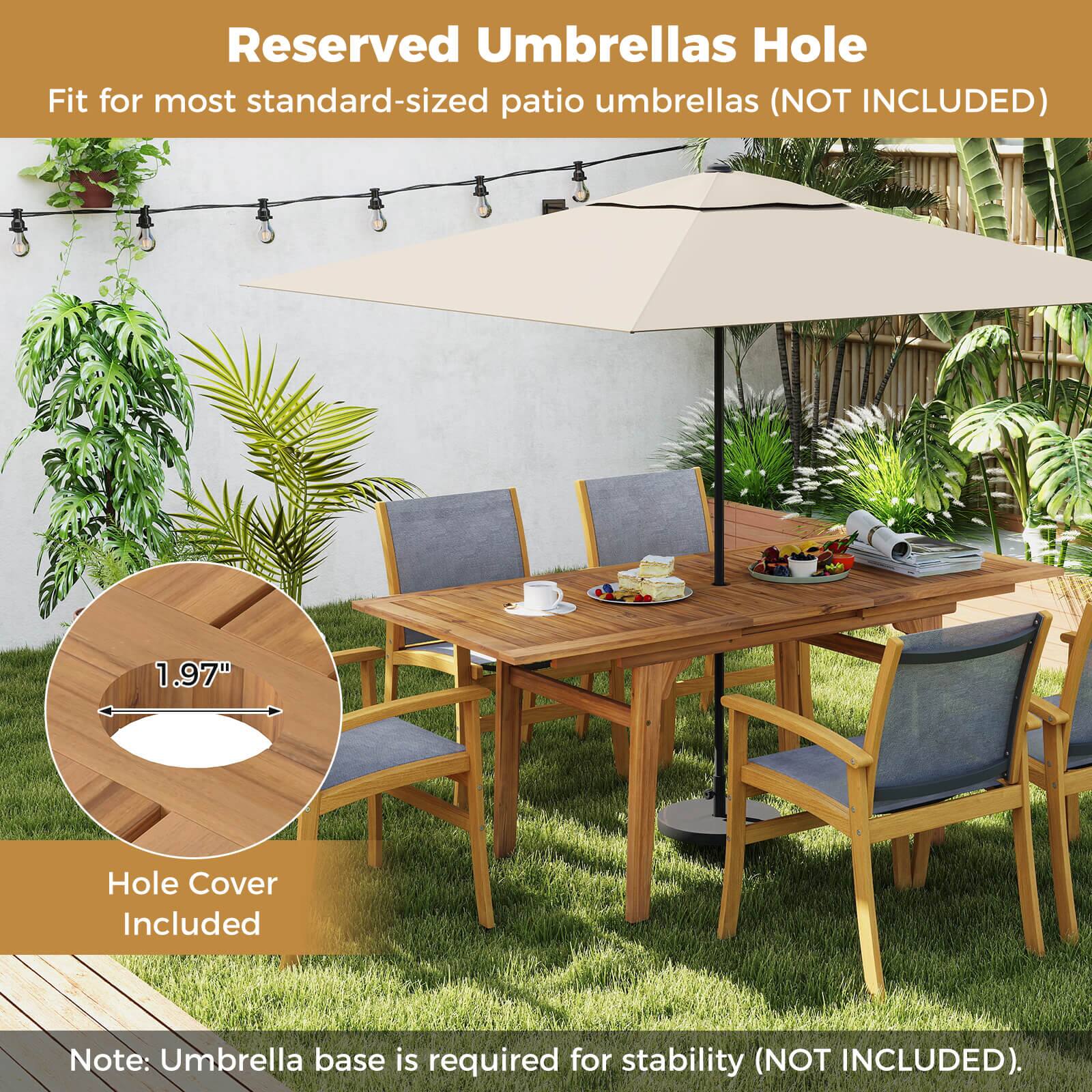 Reserved Umbrellas Hole
Fit for most standard-sized patio umbrellas (NOT INCLUDED)
1.97" Hole Cover Included
Note: Umbrella base is required for stability (NOT INCLUDED).