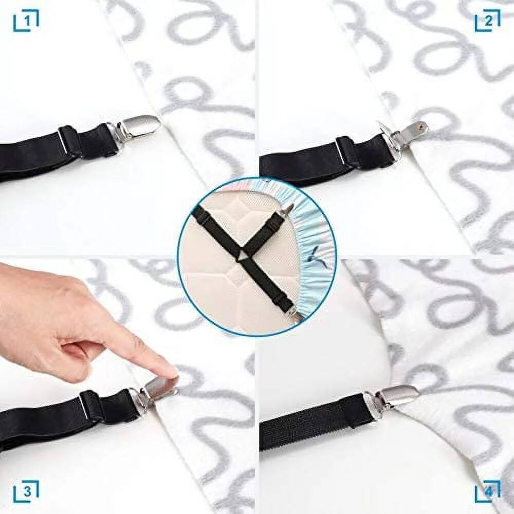 Left. MOVSSOU - Bed Sheet Holder Straps Adjustable Triangle Non-Slip Elastic Mattress Corner Clips Set of 4 - black.