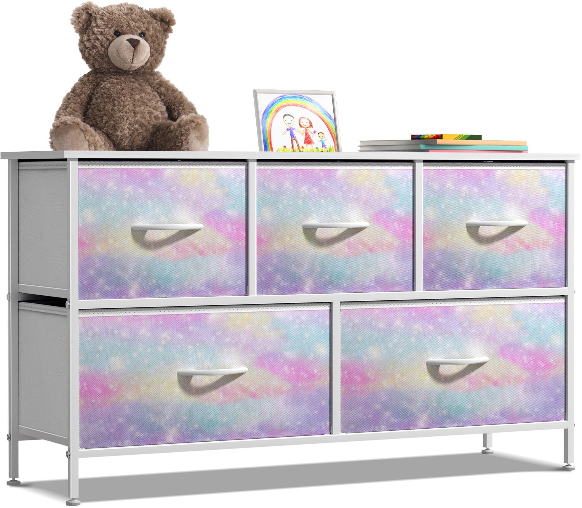 Front. Sorbus - Sorbus Dresser with 5 Drawers, Storage Chest Organizer Unit with Steel Frame, Wood Top, Fabric Drawers - Rainbow Sparkle Tie-Dye.