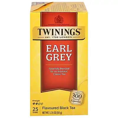TWININGS
EST. 1706 LONDON
EARL GREY
Tastefully Blended for an Aromatic Classic Tea
25 Flavoured Black Tea Bags
NET WT. 1.76 OZ (50 g)
Strength
300
Over 300 Years of Expertise