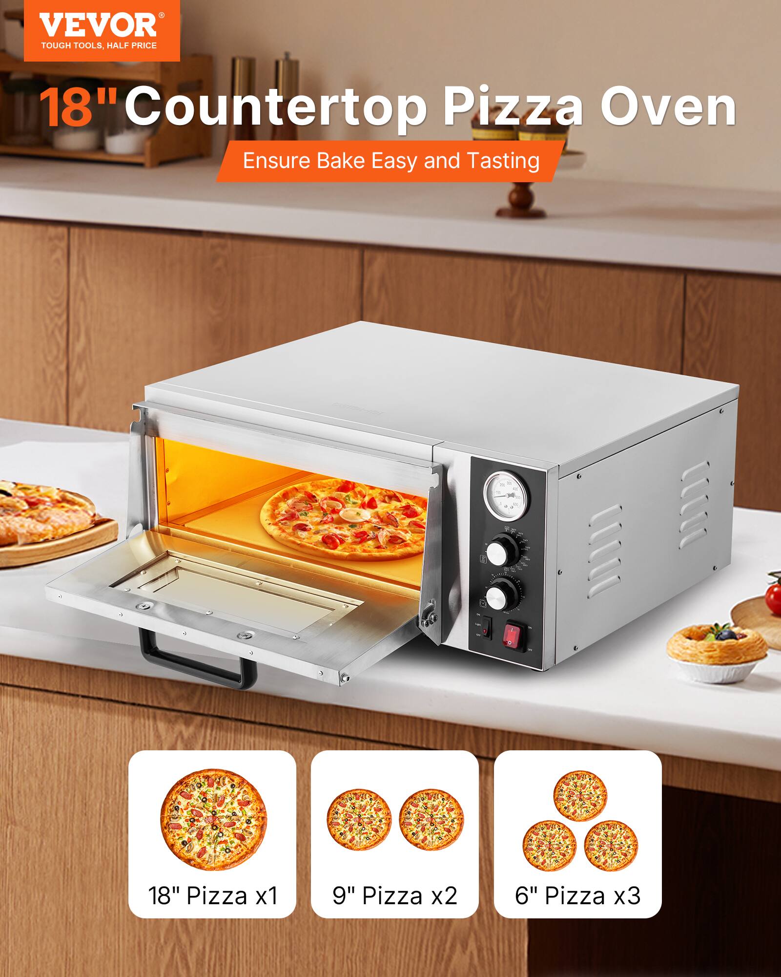 VEVOR TOUGH TOOLS, HALF PRICE

18" Countertop Pizza Oven Ensure Bake Easy and Tasting

18" Pizza x1
9" Pizza x2
6" Pizza x3