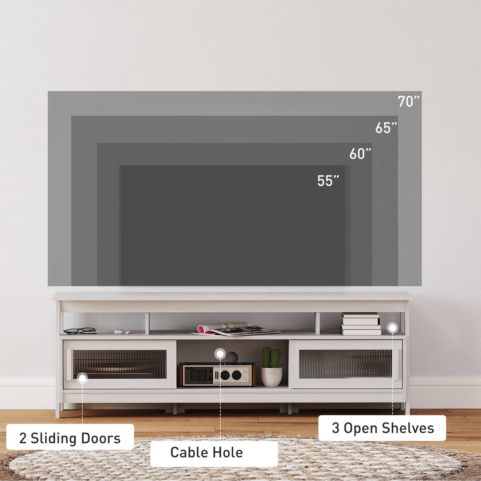 70" 65" 60" 55"  
2 Sliding Doors  
Cable Hole  
3 Open Shelves