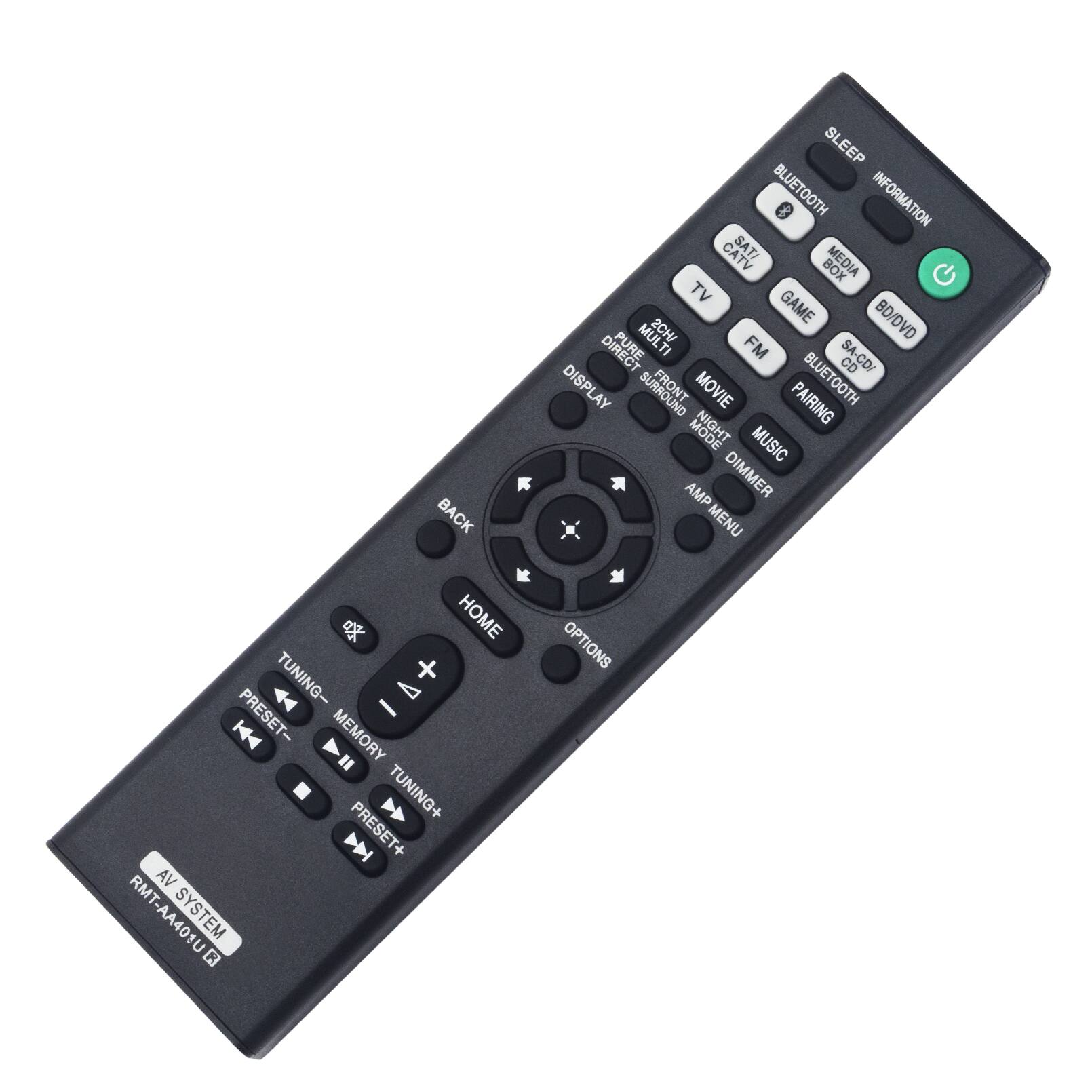 - BACK
- SLEEP
- BLUETOOTH
- INFORMATION
- CATV
- SATI
- MEDIA BOX
- TV
- GAME
- BD/DVD
- MULTI
- 2CH
- DIRECT
- FM
- SA-CD
- CD
- DISPLAY
- FRONT
- MOVIE
- PAIRING
- BLUETOOTH MODE
- MUSIC
- AMP
- DIMMER
- MENU
- HOME
- TUNING-
- PRESET-
- MEMORY
- TUNING+
- PRESET+
- OPTIONS

AV SYSTEM
RMT-AA401U