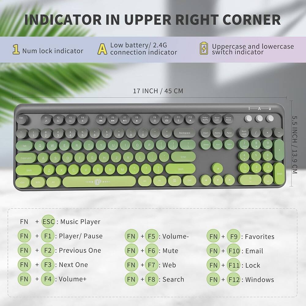 **INDICATOR IN UPPER RIGHT CORNER**

1. Num lock indicator  
2. Low battery/2.4G connection indicator  
3. Uppercase and lowercase switch indicator  

**17 INCH / 45 CM**  
**5.5 INCH / 13.9 CM**

**KEYBOARD FUNCTIONS:**

- FN + ESC: Music Player  
- FN + F1: Player/ Pause  
- FN + F2: Previous One  
- FN + F3: Next One  
- FN + F4: Volume+  
- FN + F5: Volume-  
- FN + F6: Mute  
- FN + F7: Web  
- FN + F8: Search  
- FN + F9: Favorites  
- FN + F10: Email  
- FN + F11: Lock  
- FN + F12: Windows