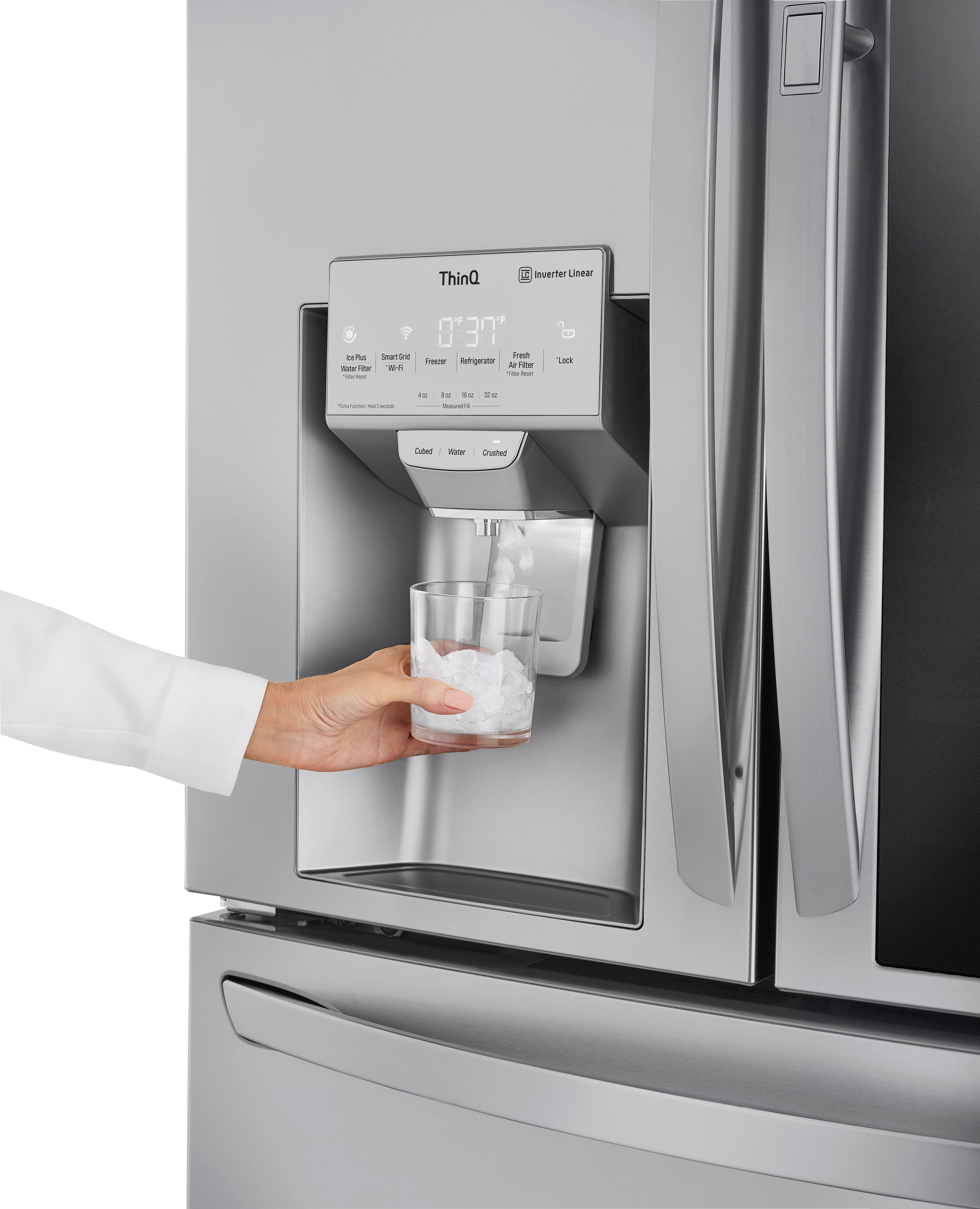 ThinQ
Inverter Linear
Ice Plus Water Filter
Smart Grid Wi-Fi
Freezer Refrigerator
Fresh Filter Reset
Lock
0°F
3°F
Cubed Water Crushed
Ice Maker Hot Water