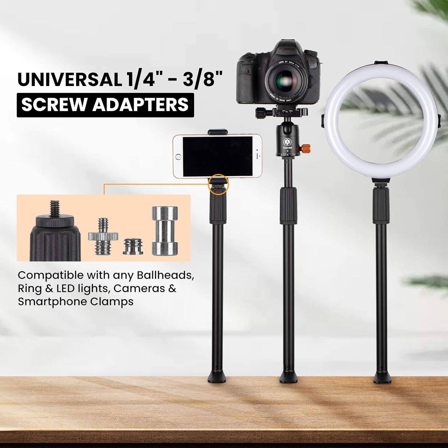 UNIVERSAL 1/4" - 3/8" SCREW ADAPTERS

Compatible with any Ballheads, Ring & LED lights, Cameras & Smartphone Clamps