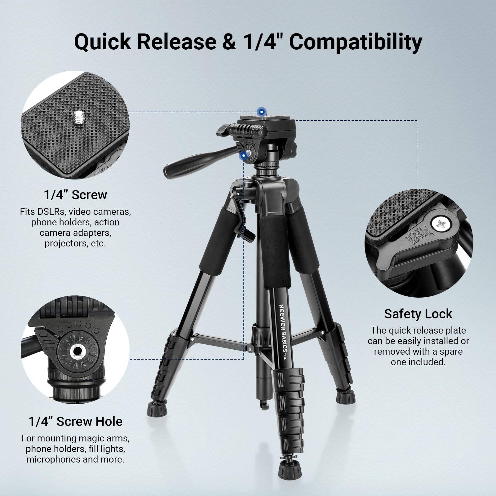 Quick Release & 1/4" Compatibility  
1/4" Screw Fits DSLRs, video cameras, phone holders, action camera adapters, projectors, etc.  
Safety Lock  
The quick release plate can be easily installed or removed with a spare one included.  
1/4" Screw Hole  
For mounting magic arms, phone holders, fill lights, microphones and more.