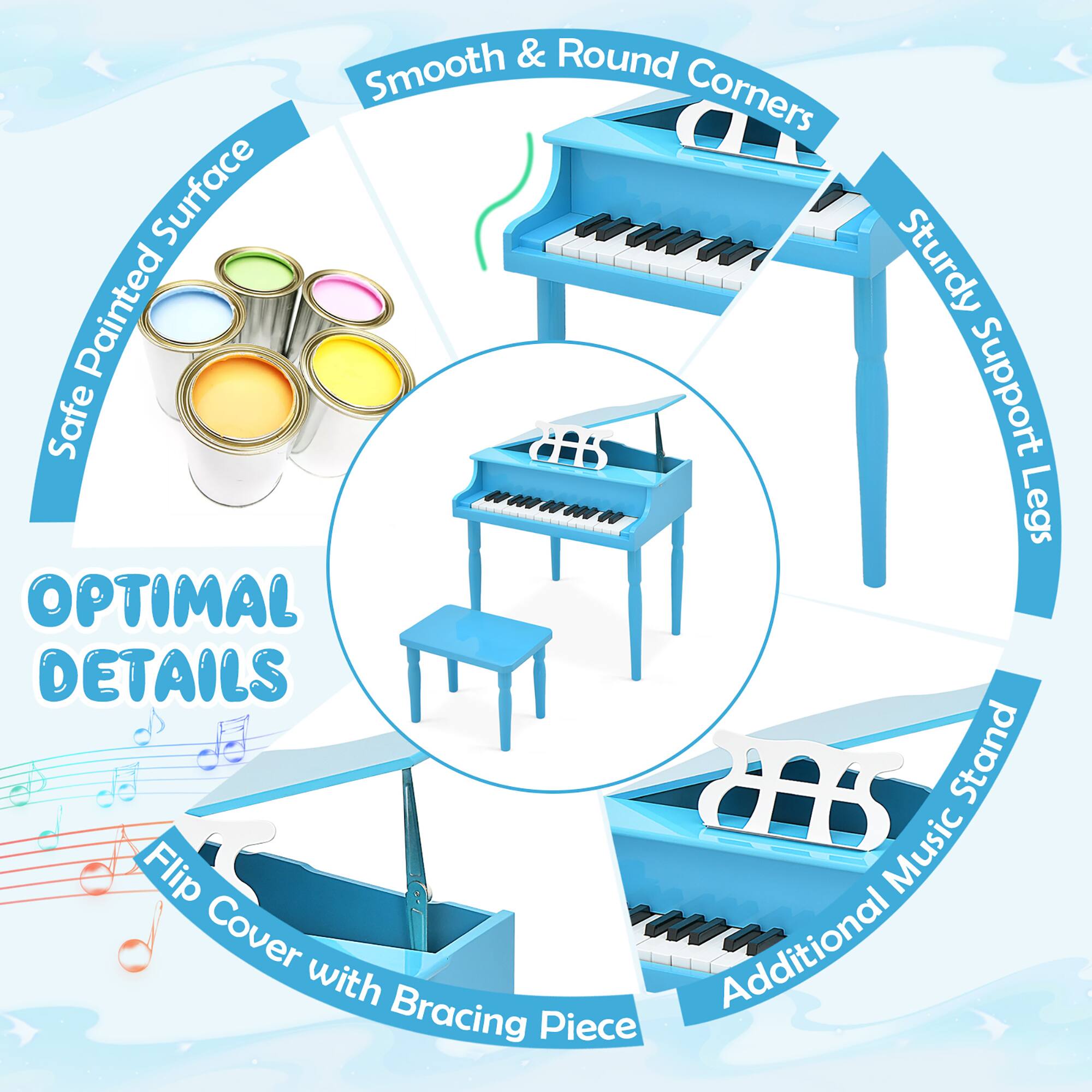 - Soft Painted Surface
- Smooth & Round Corners
- Sturdy Support Legs
- Flip Cover with Bracing Piece
- Additional Music Stand
- OPTIMAL DETAILS