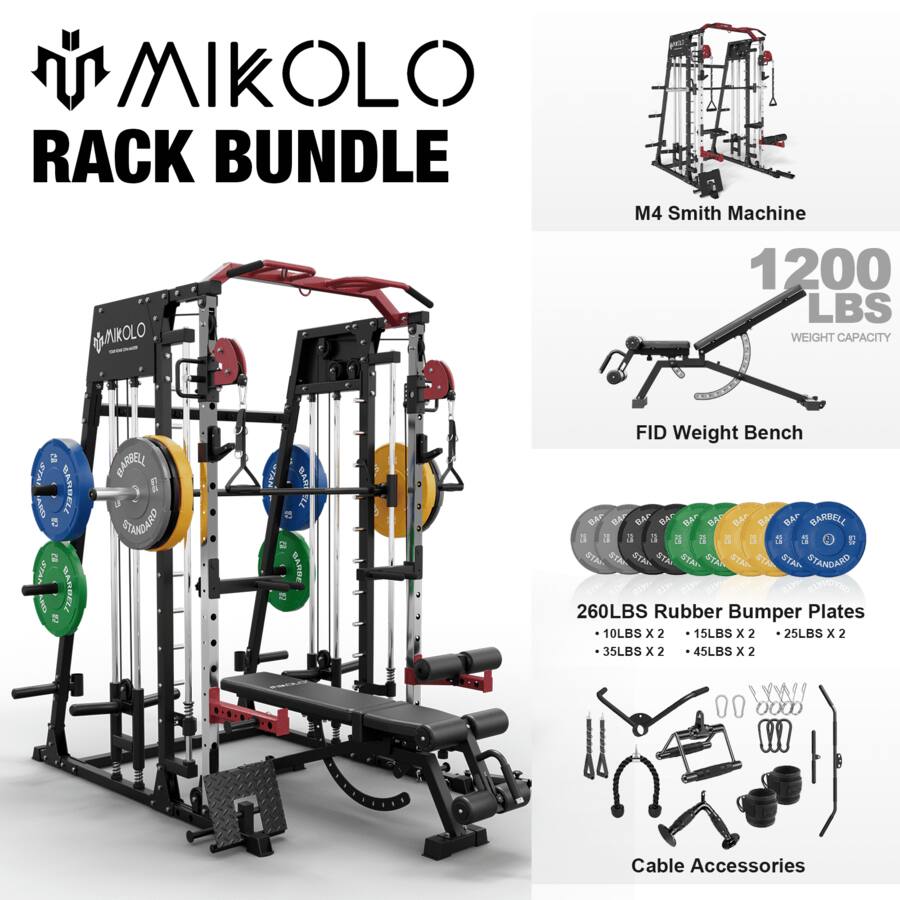 Mikolo Smith Machine, 2200 lbs Power Rack Cage,Power Rack with 800LB Capacity Weight Bench and 260 lbs Weight Plate Red