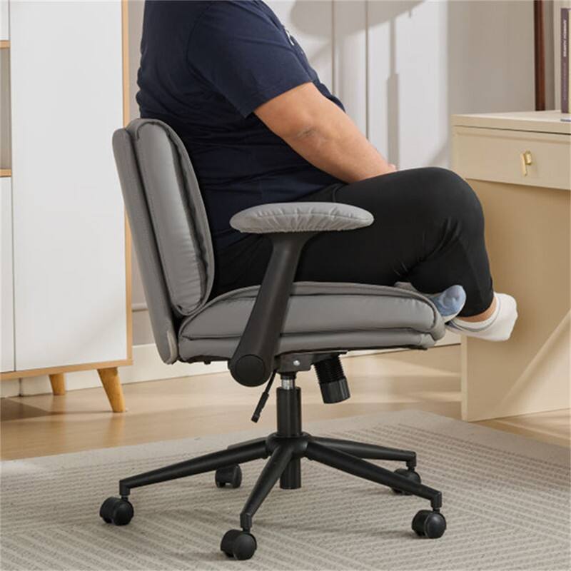 Alt View 6. HTUTWOO - Cross Legged Office Chair with Flip-Up Armrests - PU Leather Swivel Desk Chair, Wide Seat, Adjustable Height, Wheels - Grey White.